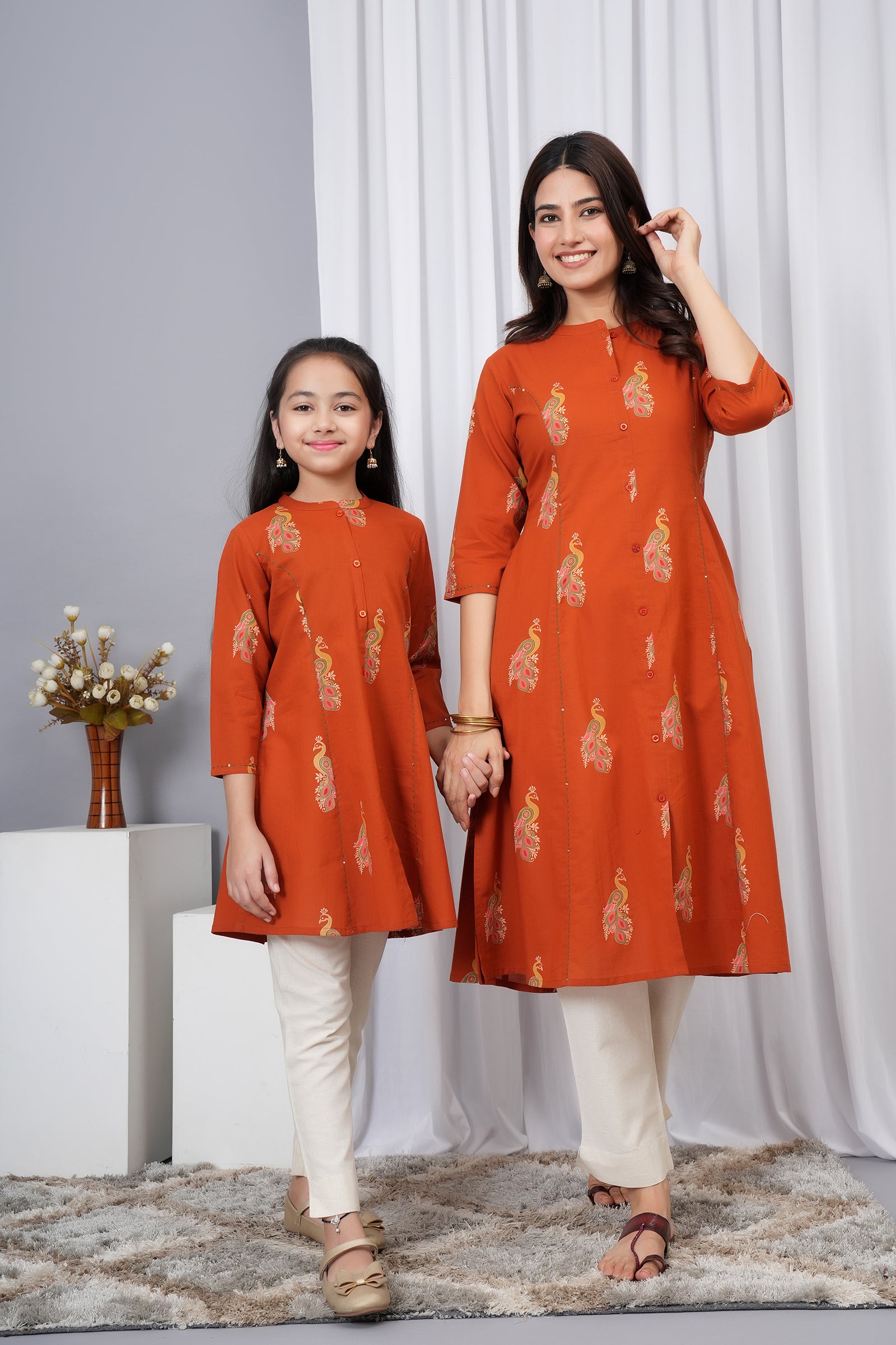 Peacock Printed A-Line Traditional Ethnic Kurti Maa Beti Duo - Rustic Orange