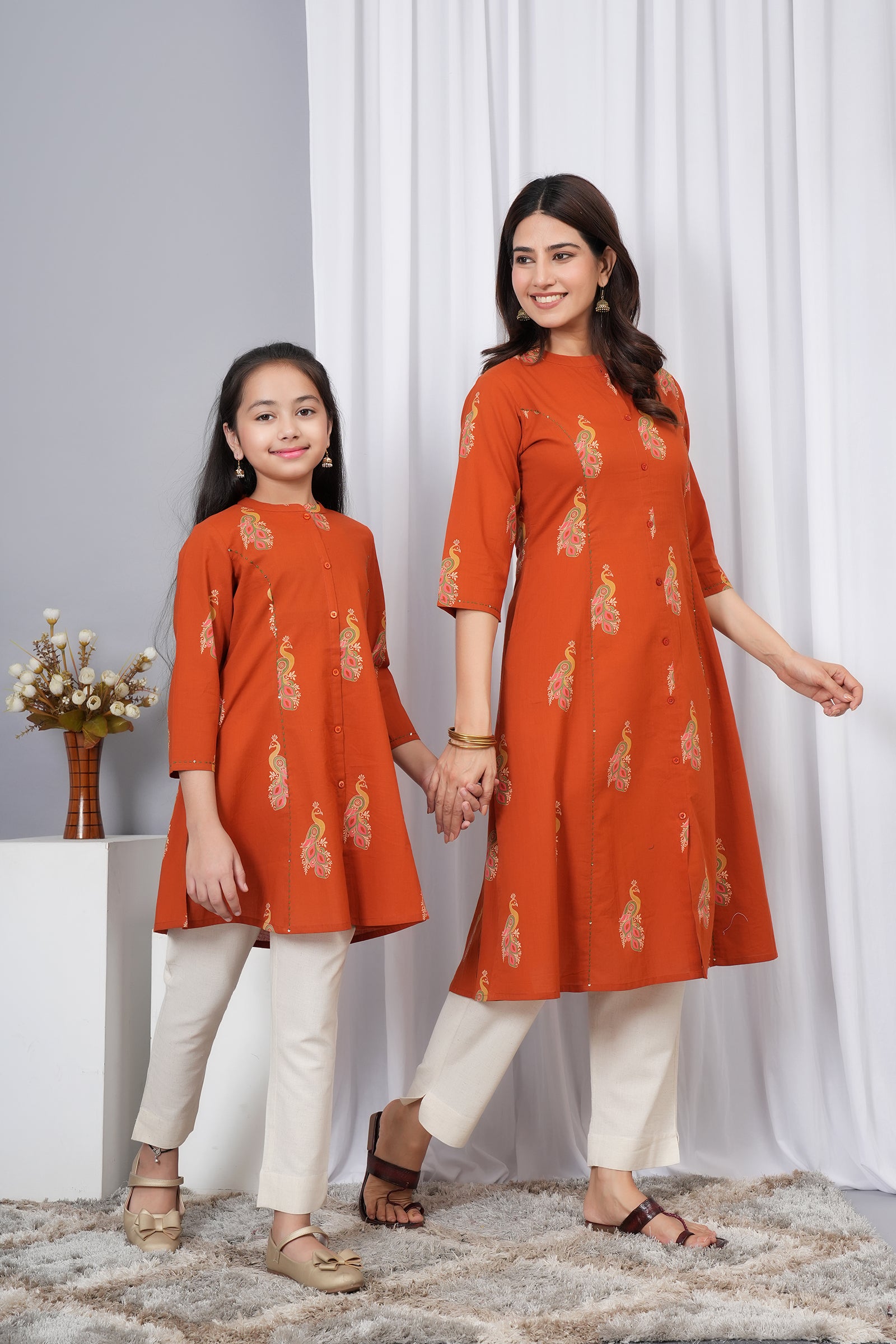 Peacock Printed A-Line Traditional Ethnic Kurti Maa Beti Duo - Rustic Orange