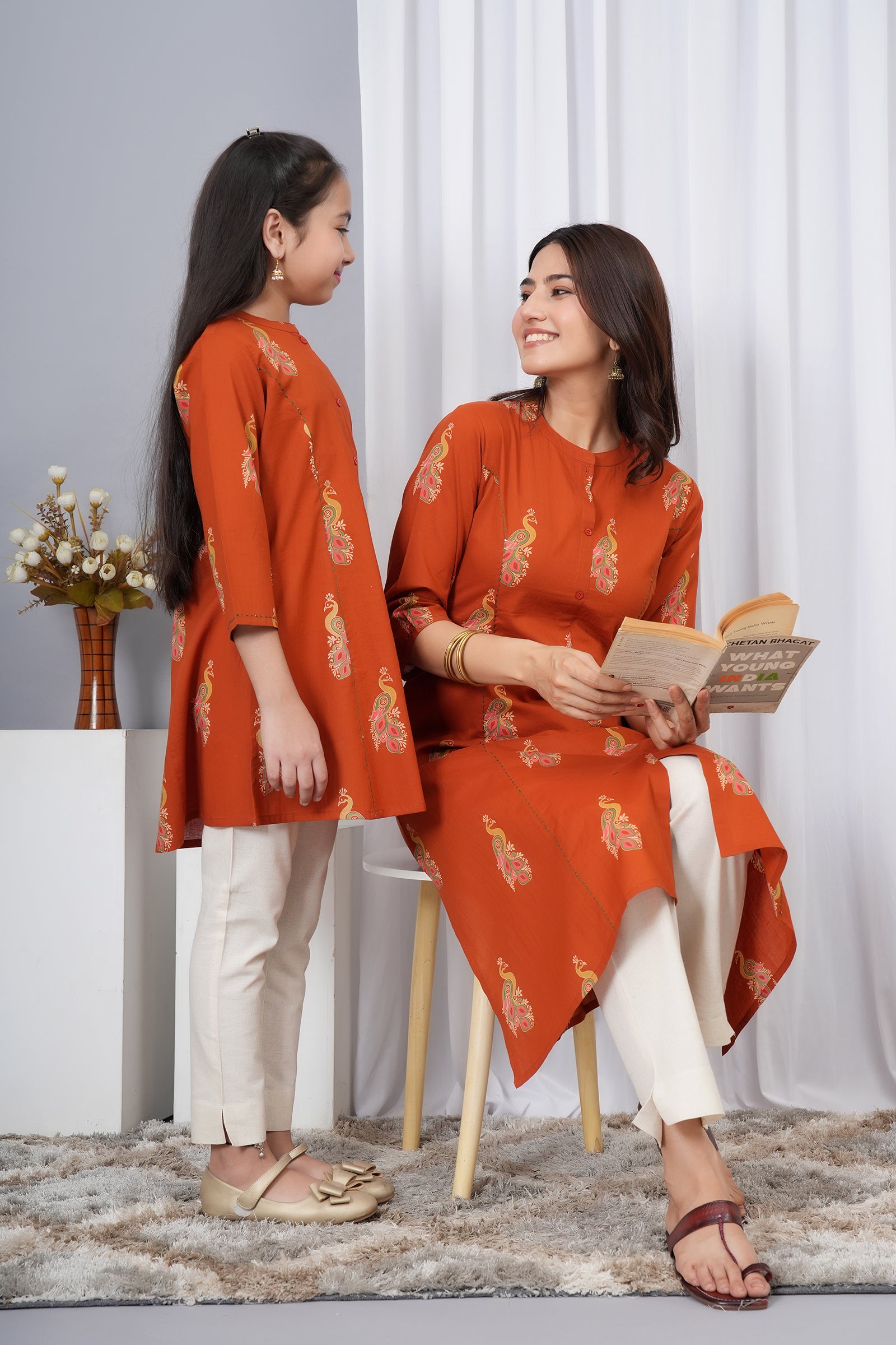 Peacock Printed A-Line Traditional Ethnic Kurti Maa Beti Duo - Rustic Orange