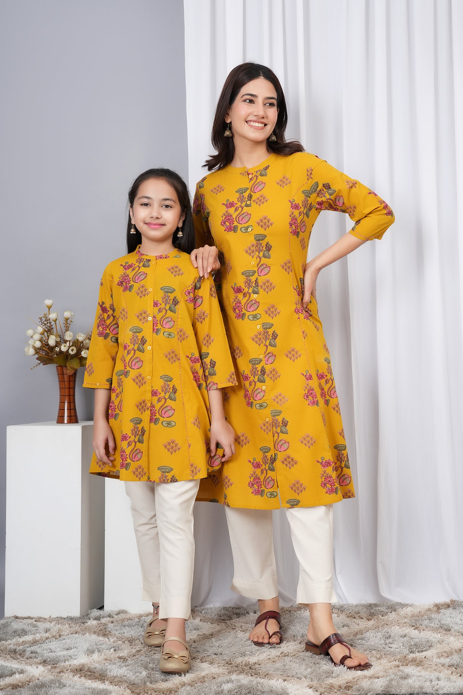 Flower & Peacock Printed A-Line Traditional Ethnic Kurti Maa Beti Duo - Yellow