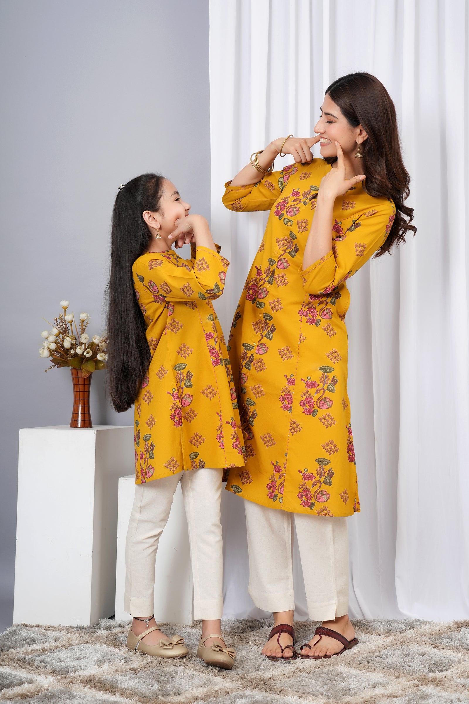 Flower & Peacock Printed A-Line Traditional Ethnic Kurti Maa Beti Duo - Yellow