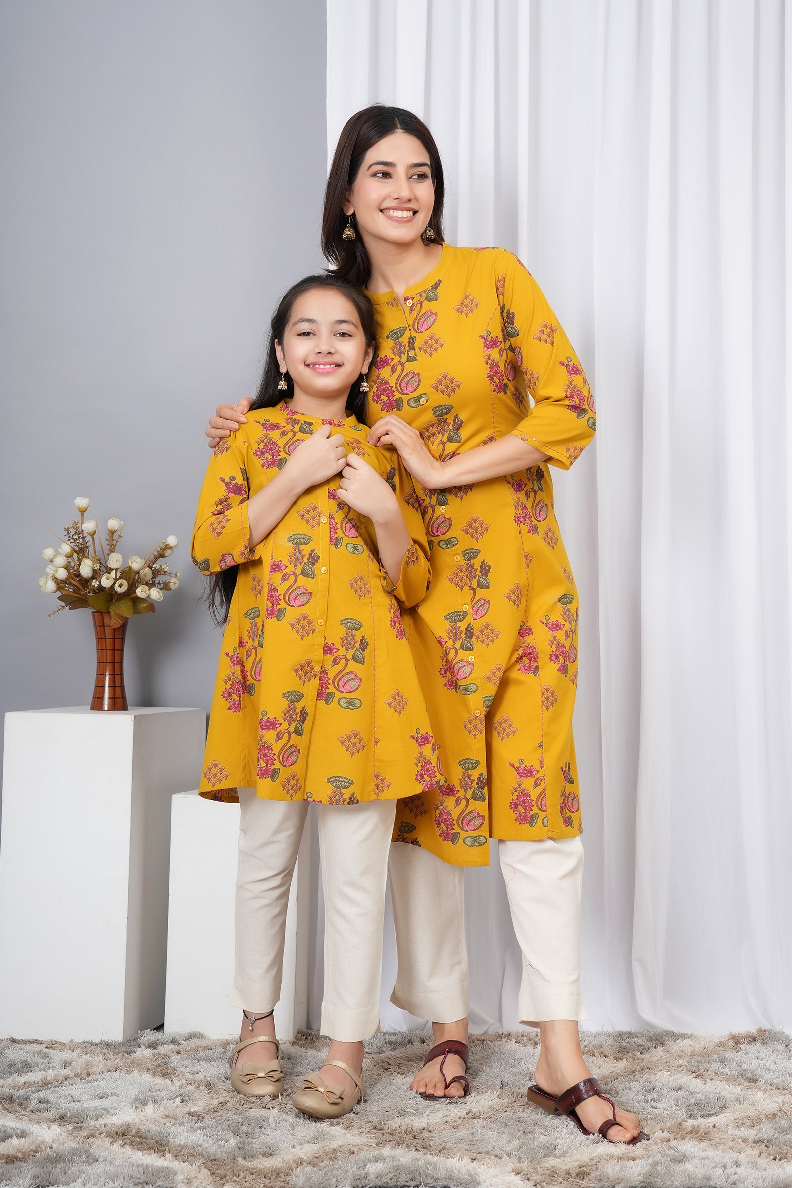 Flower & Peacock Printed A-Line Traditional Ethnic Kurti Maa Beti Duo - Yellow
