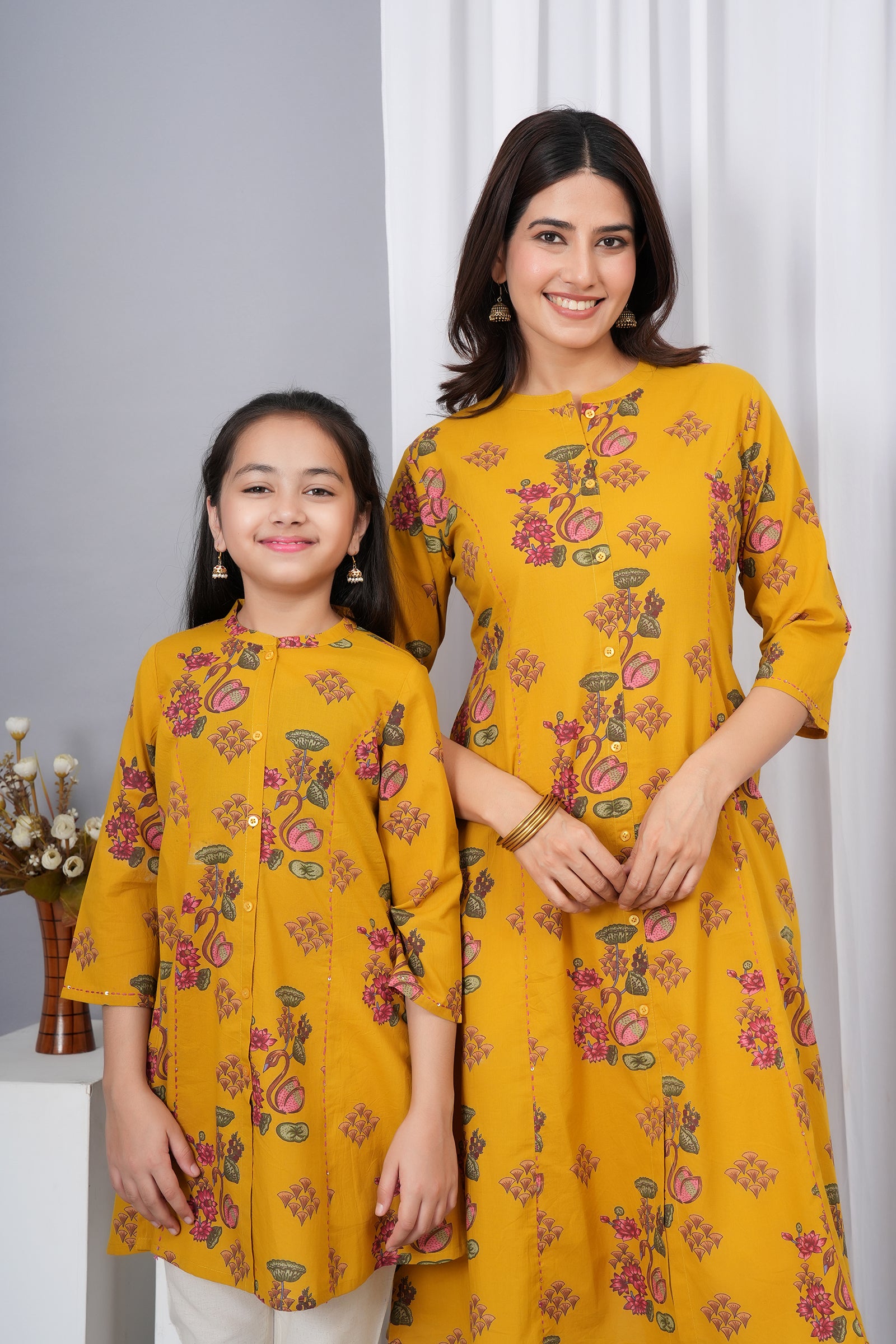 Flower & Peacock Printed A-Line Traditional Ethnic Kurti Maa Beti Duo - Yellow