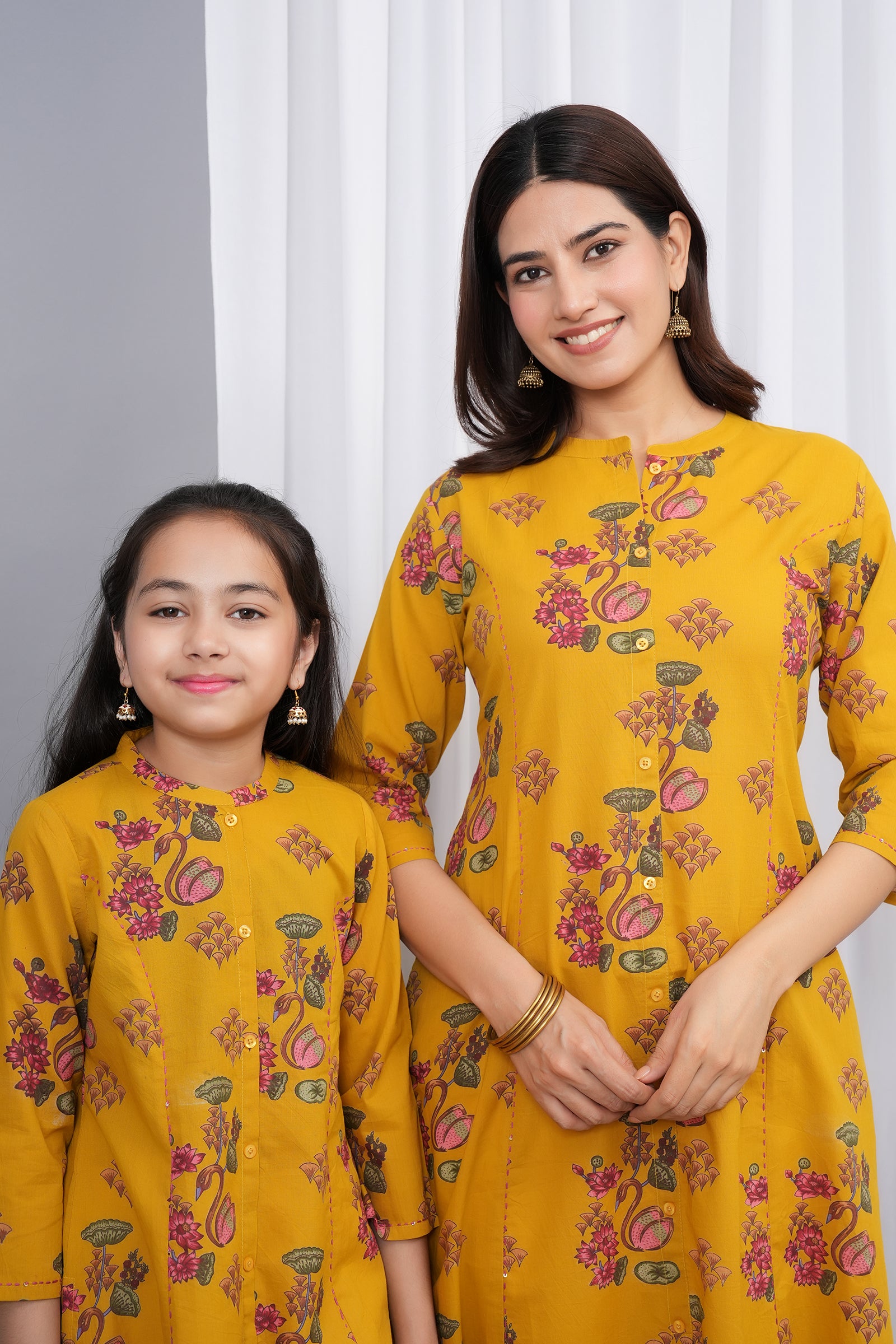 Flower & Peacock Printed A-Line Traditional Ethnic Kurti Maa Beti Duo - Yellow
