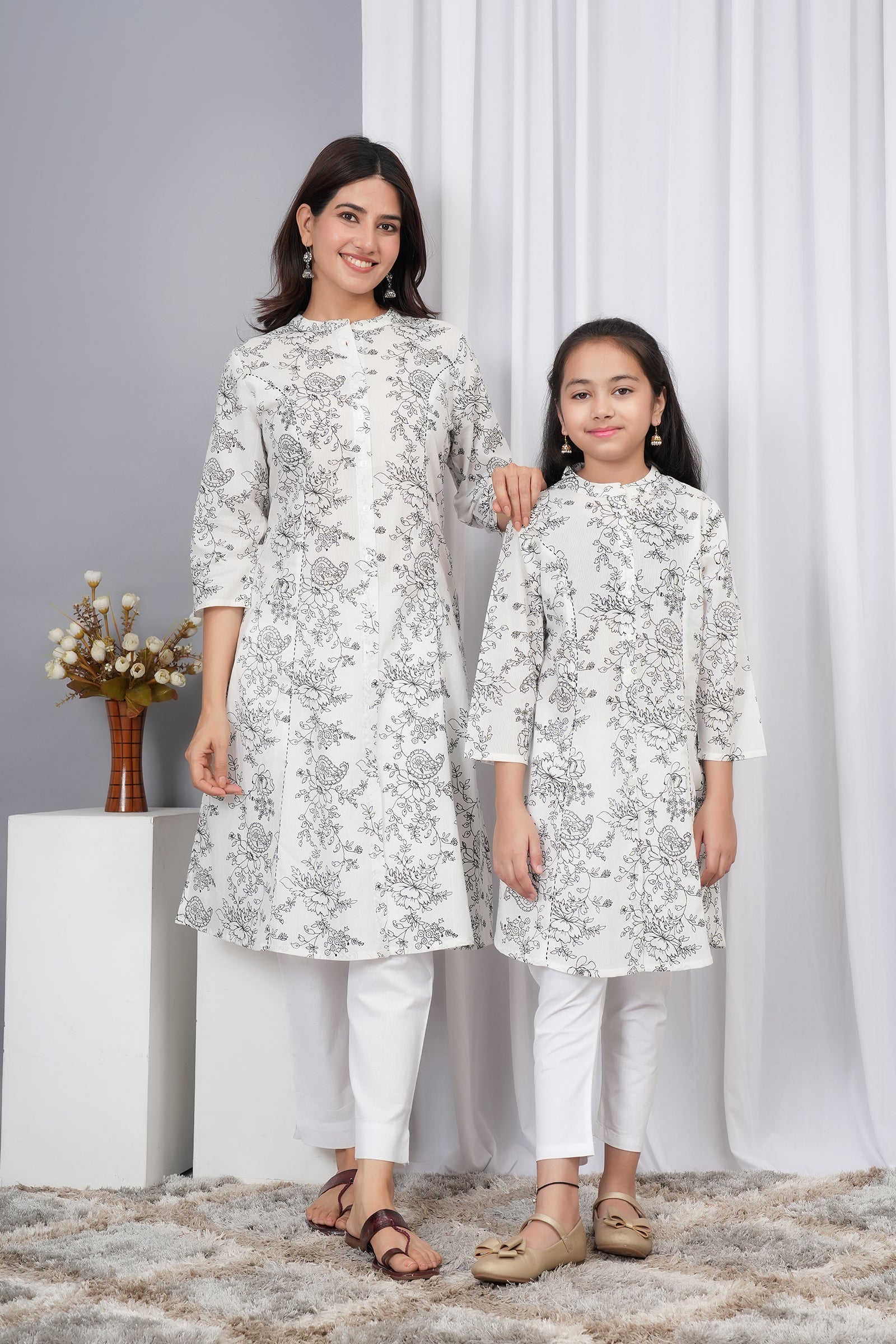 White and Black Floral Printed Maa Beti Kurta Set