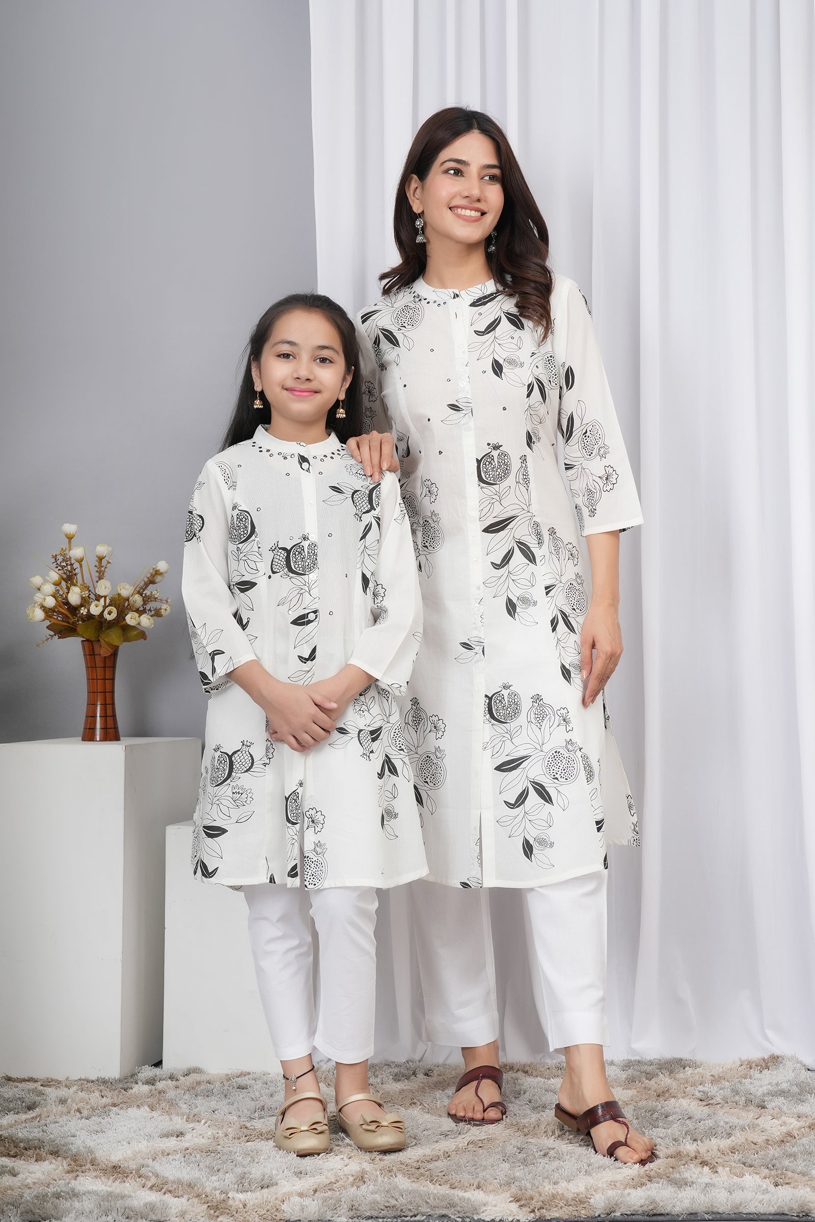 White and Black Large Floral Print Maa Beti Kurta Set