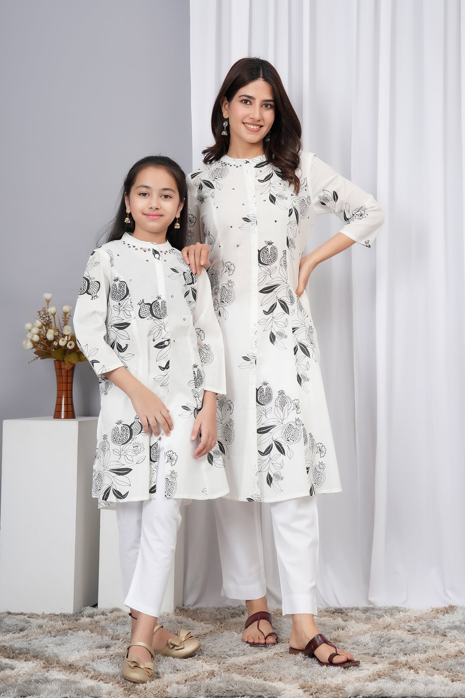 White and Black Large Floral Print Maa Beti Kurta Set