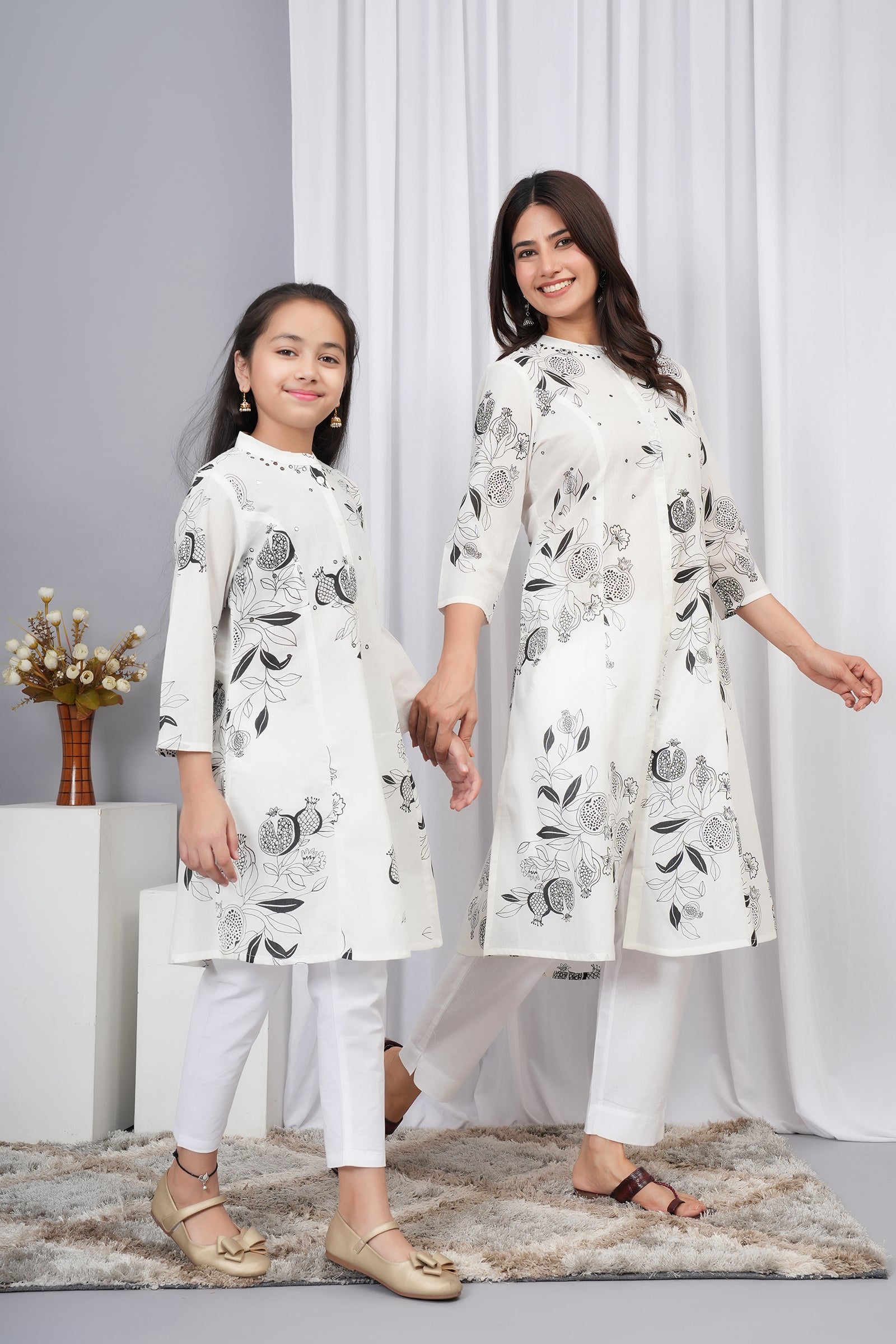 White and Black Large Floral Print Maa Beti Kurta Set