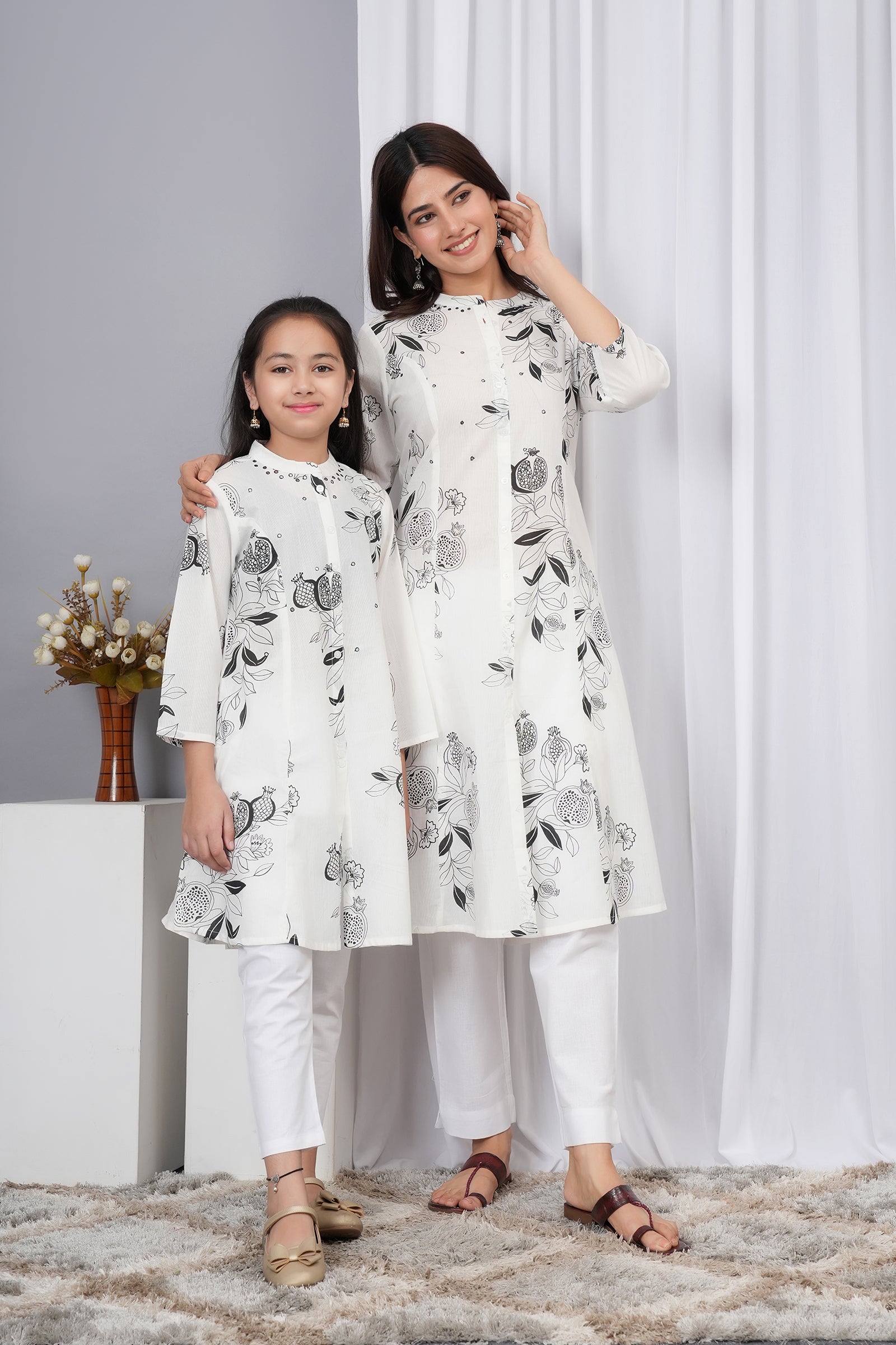White and Black Large Floral Print Maa Beti Kurta Set