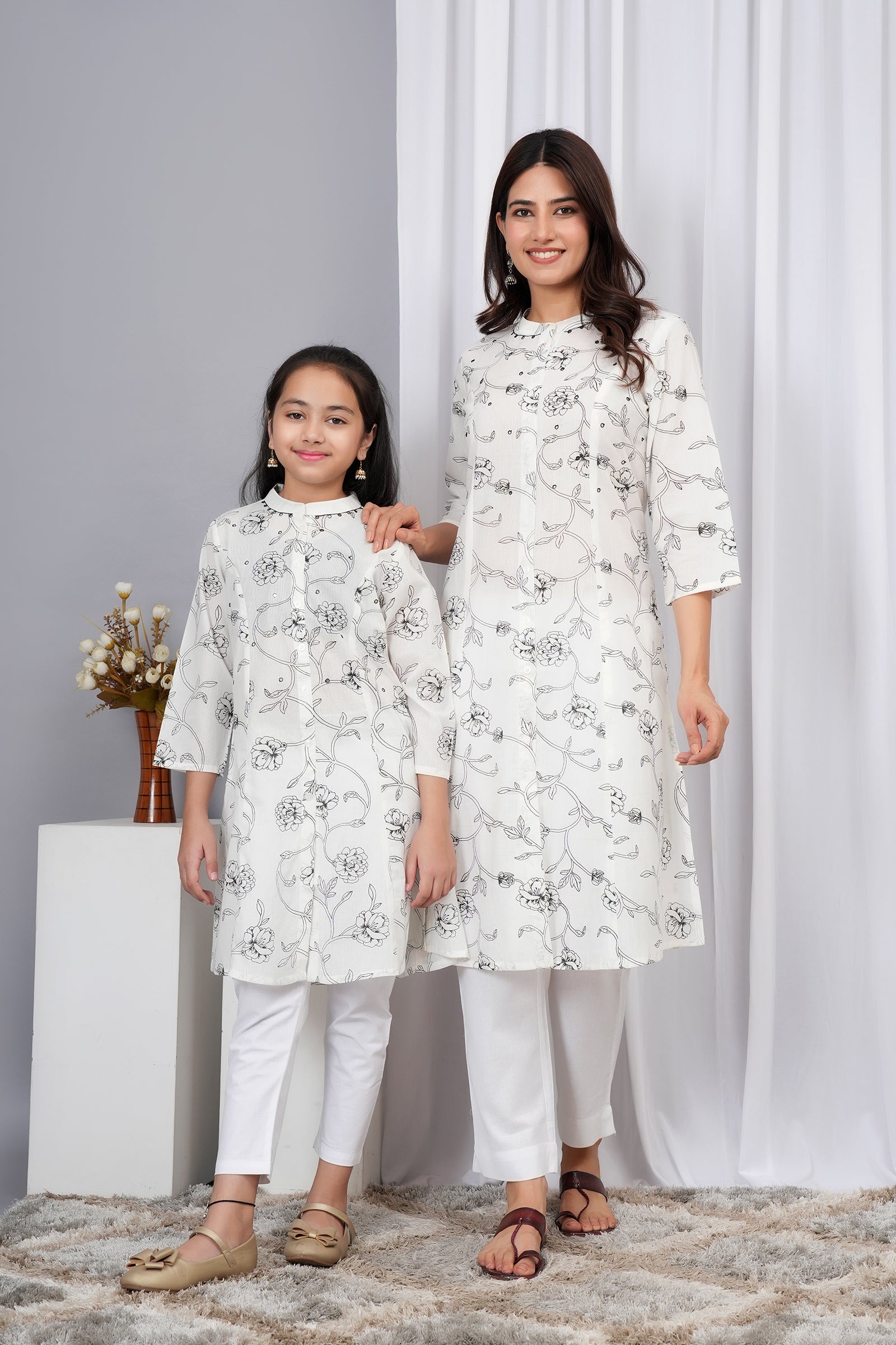White with Black Full Body Floral Print Maa Beti Kurta Set