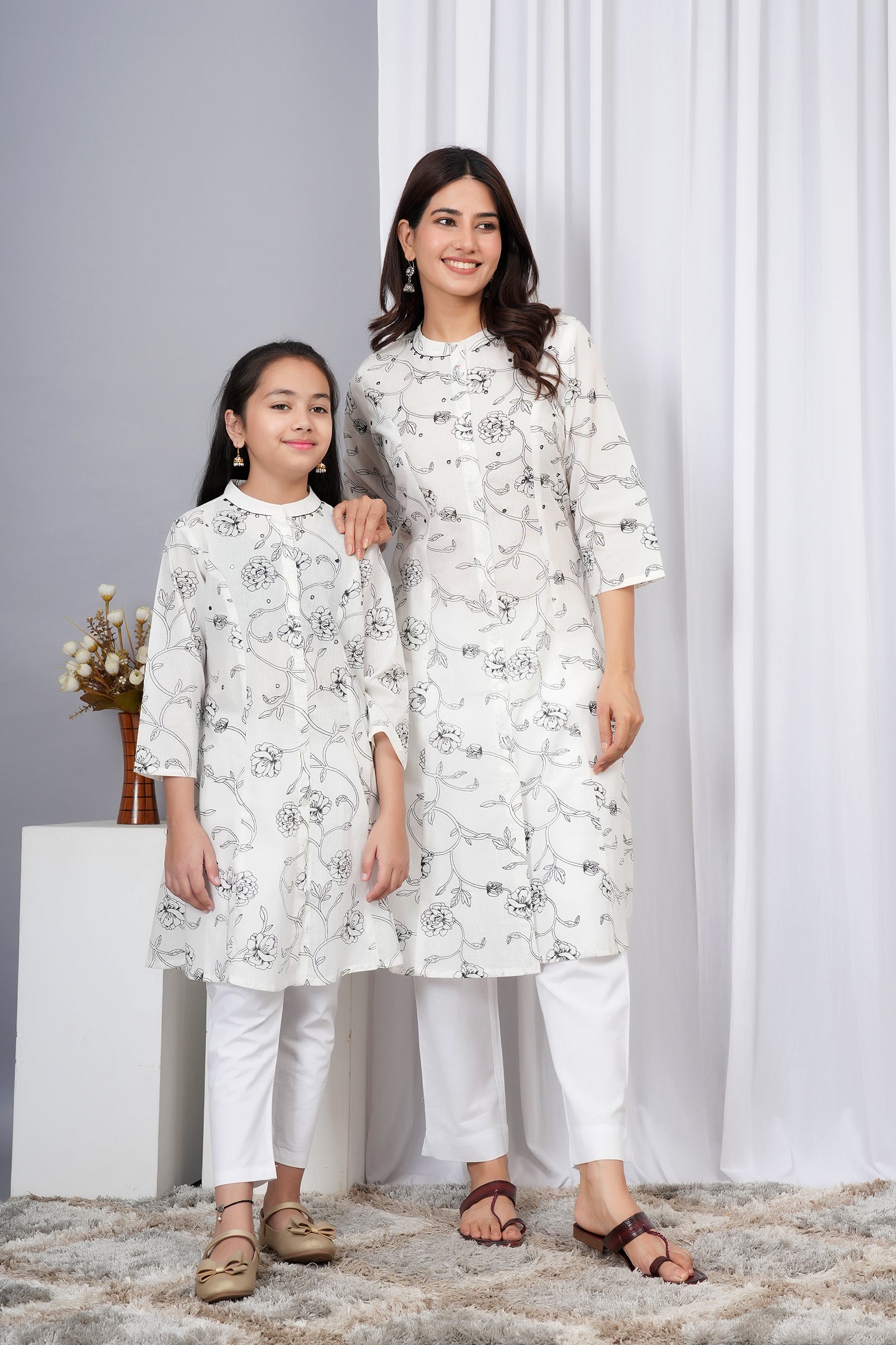 White with Black Full Body Floral Print Maa Beti Kurta Set