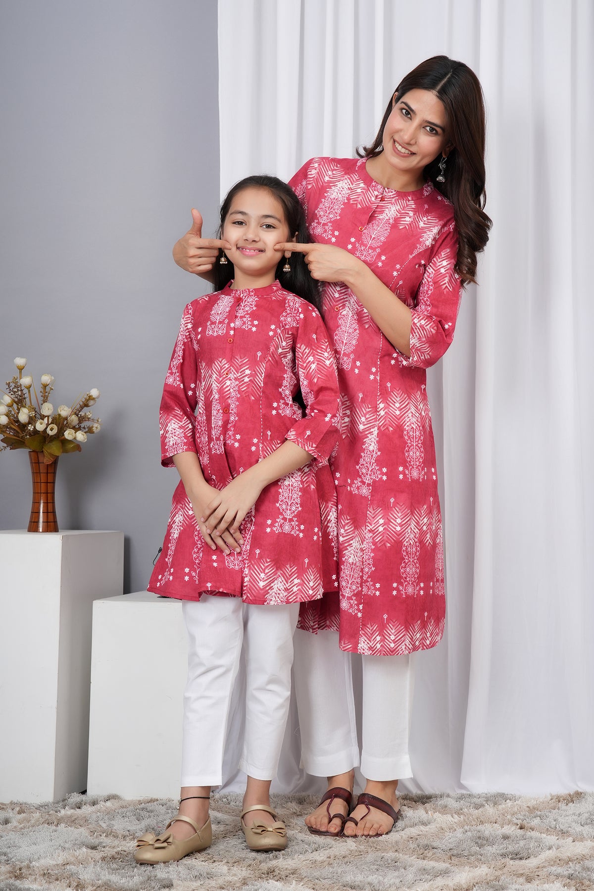 Elegant Floral And Leafy Pattern Rich Berry Pink Kurti For Beti