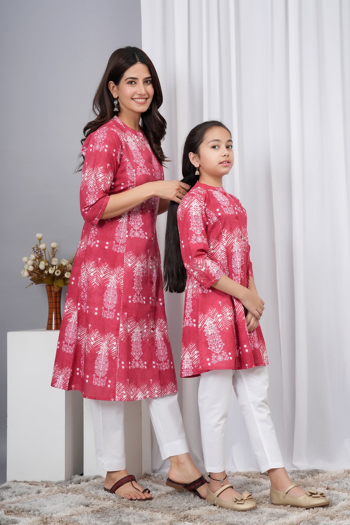 Elegant Floral And Leafy Pattern Rich Berry Pink Kurti For Beti