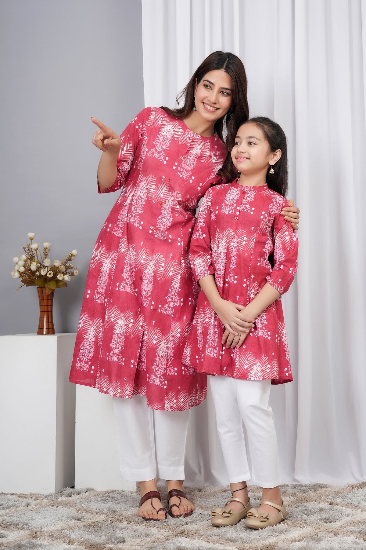 Elegant Floral And Leafy Pattern Rich Berry Pink Kurti For Beti