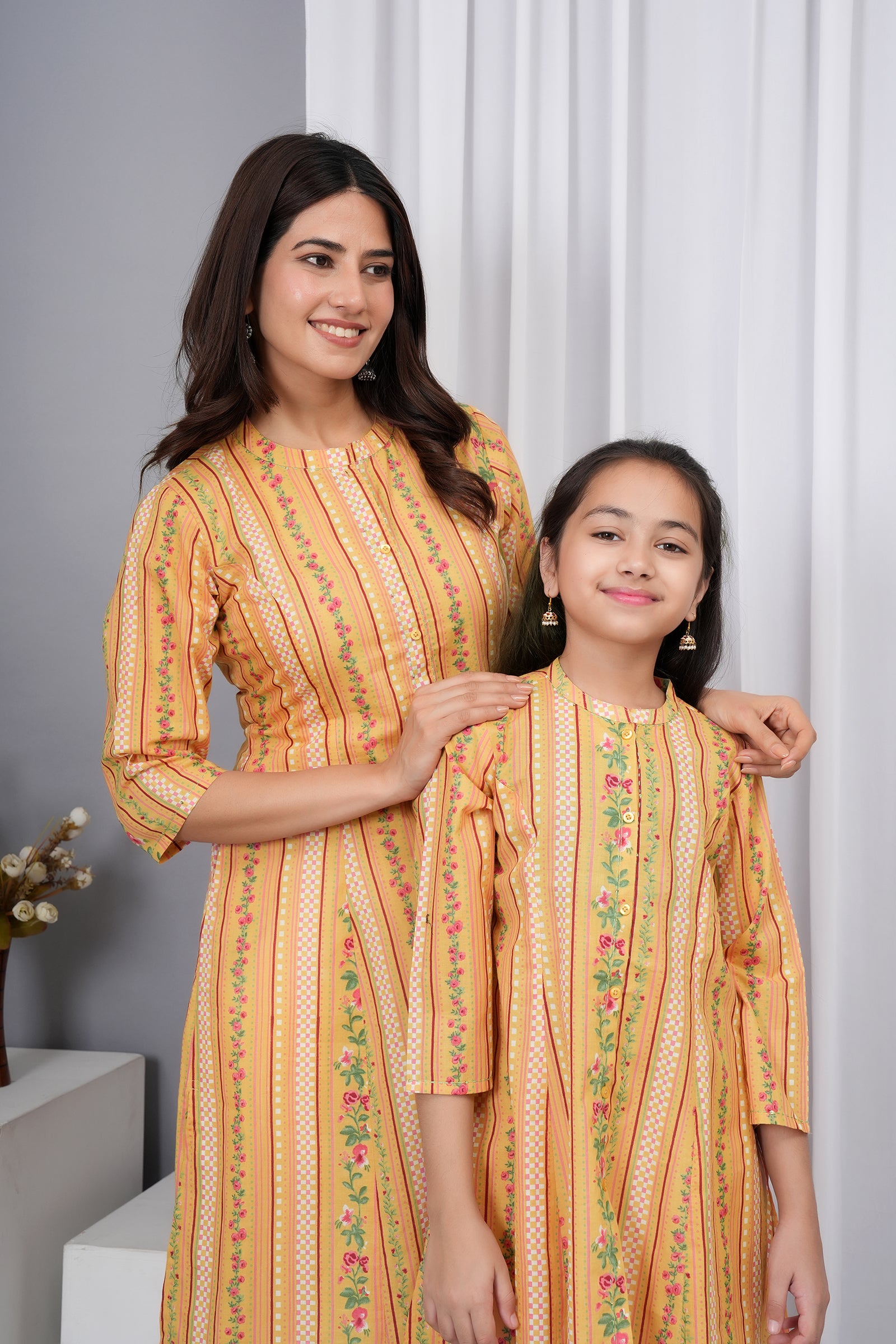 Flower Petal Printed A-Line Ethnic Kurti Maa Beti Duo - Yellow