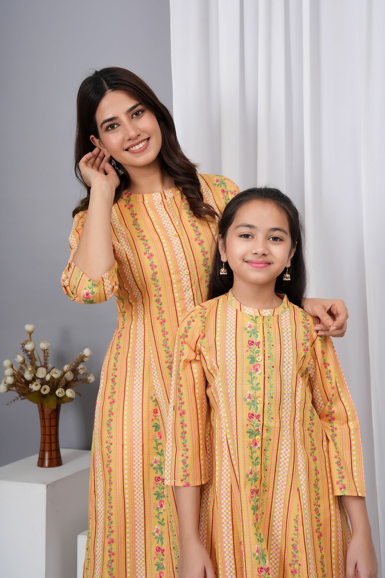 Flower Petal Printed A-Line Ethnic Kurti Maa Beti Duo - Yellow