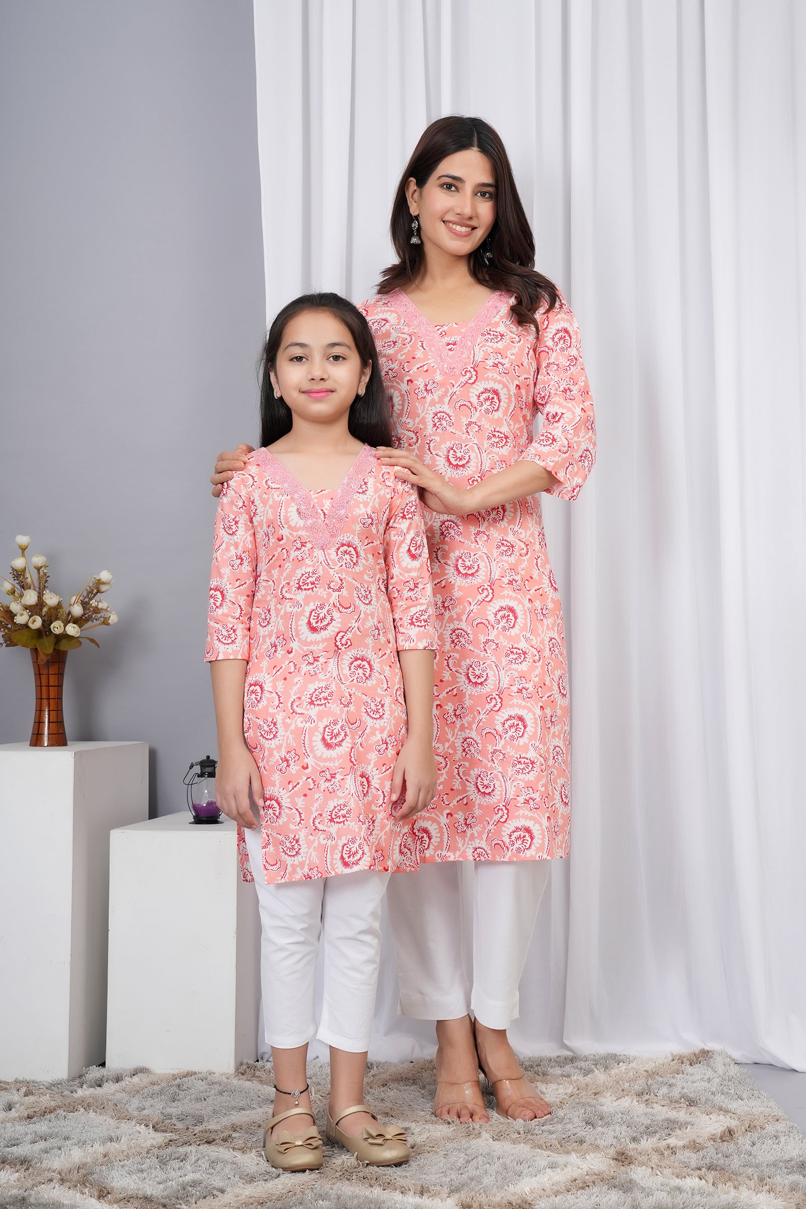 Traditional Floral Printed Embroidered V Neck Ethnic Kurti Maa Beti Duo - Peach