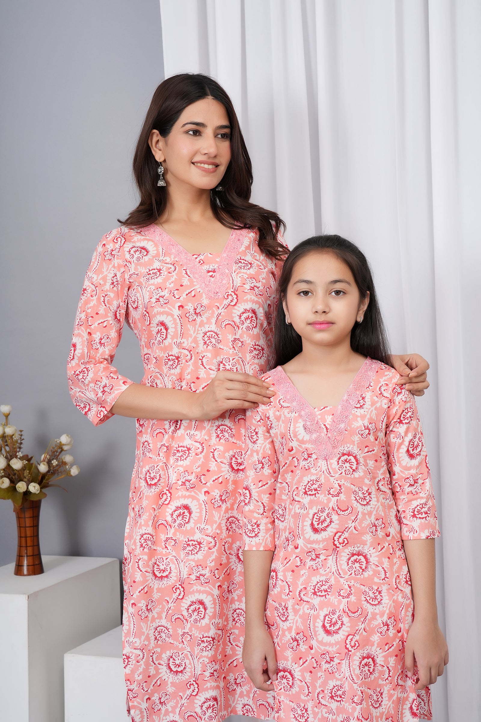 Traditional Floral Printed Embroidered V Neck Ethnic Kurti Maa Beti Duo - Peach