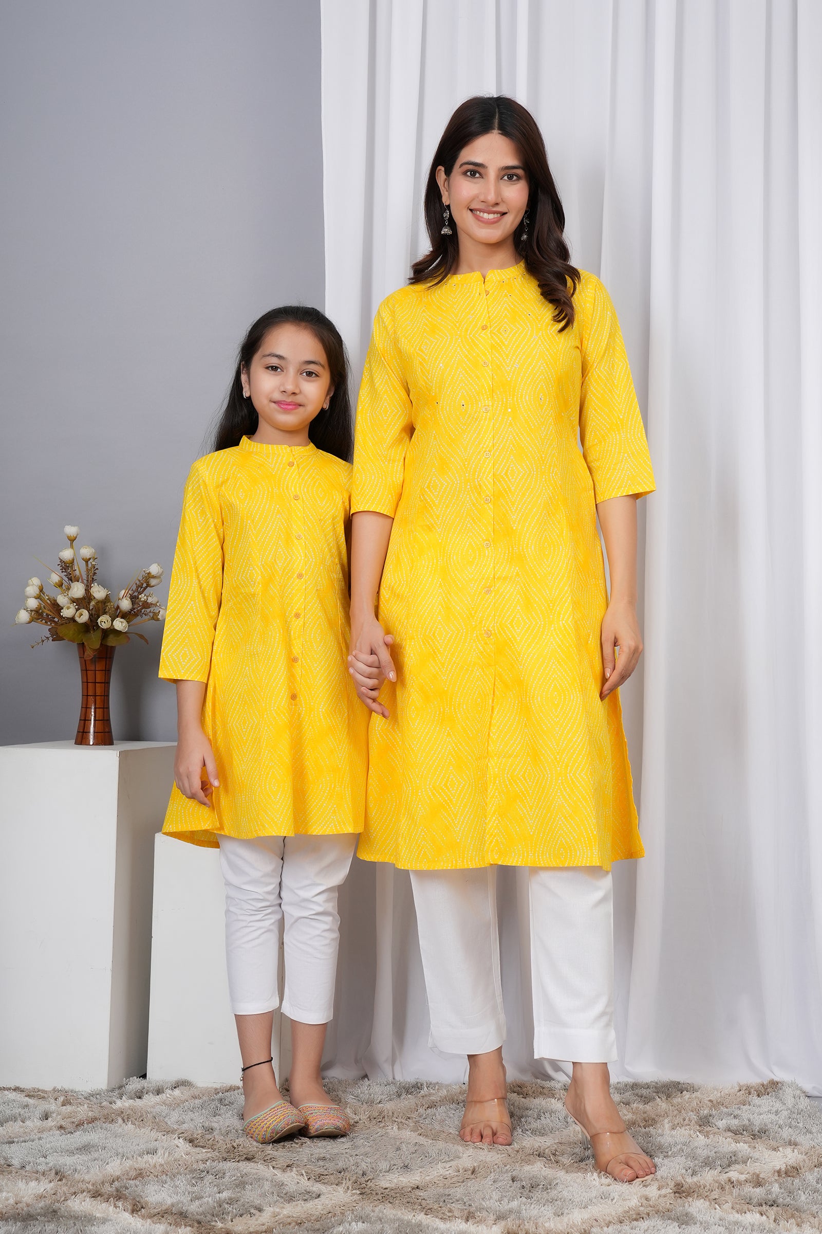 Pattern Printed Traditional Solid Kurti for Maa Beti Duo - Yellow