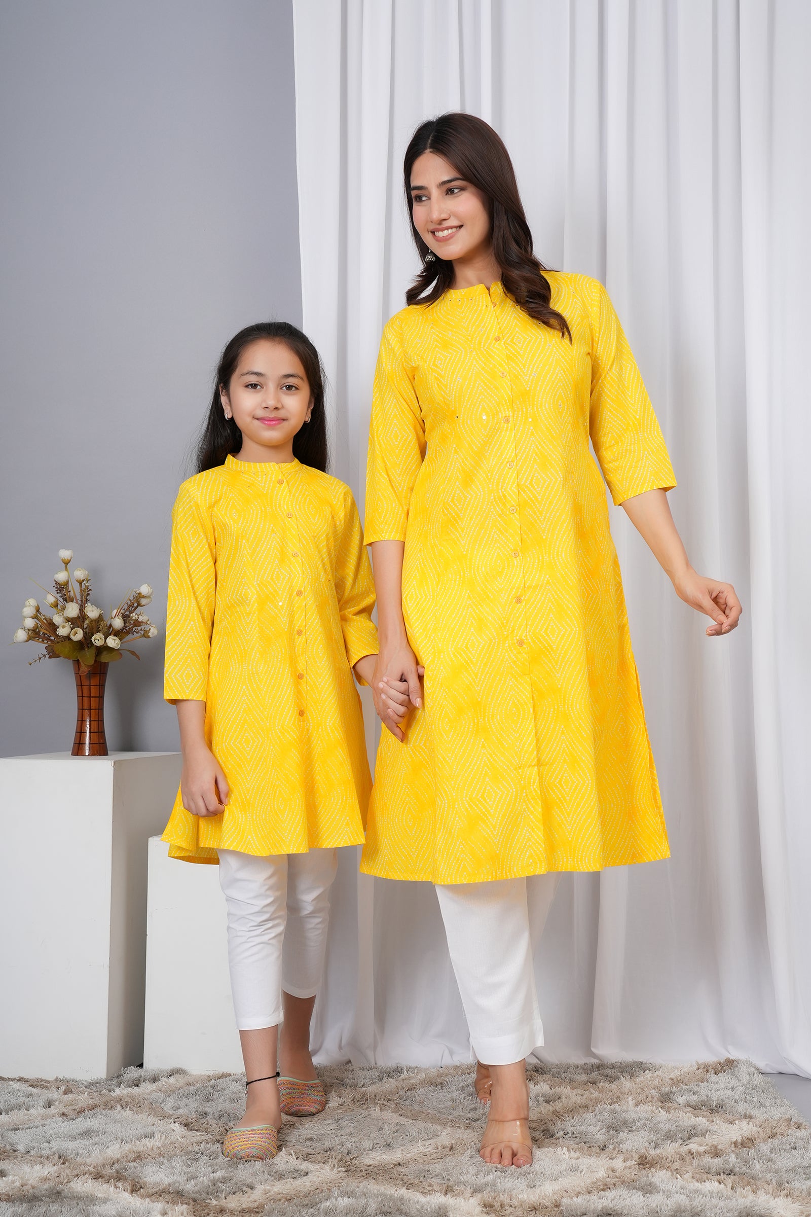 Pattern Printed Traditional Solid Kurti for Maa Beti Duo - Yellow
