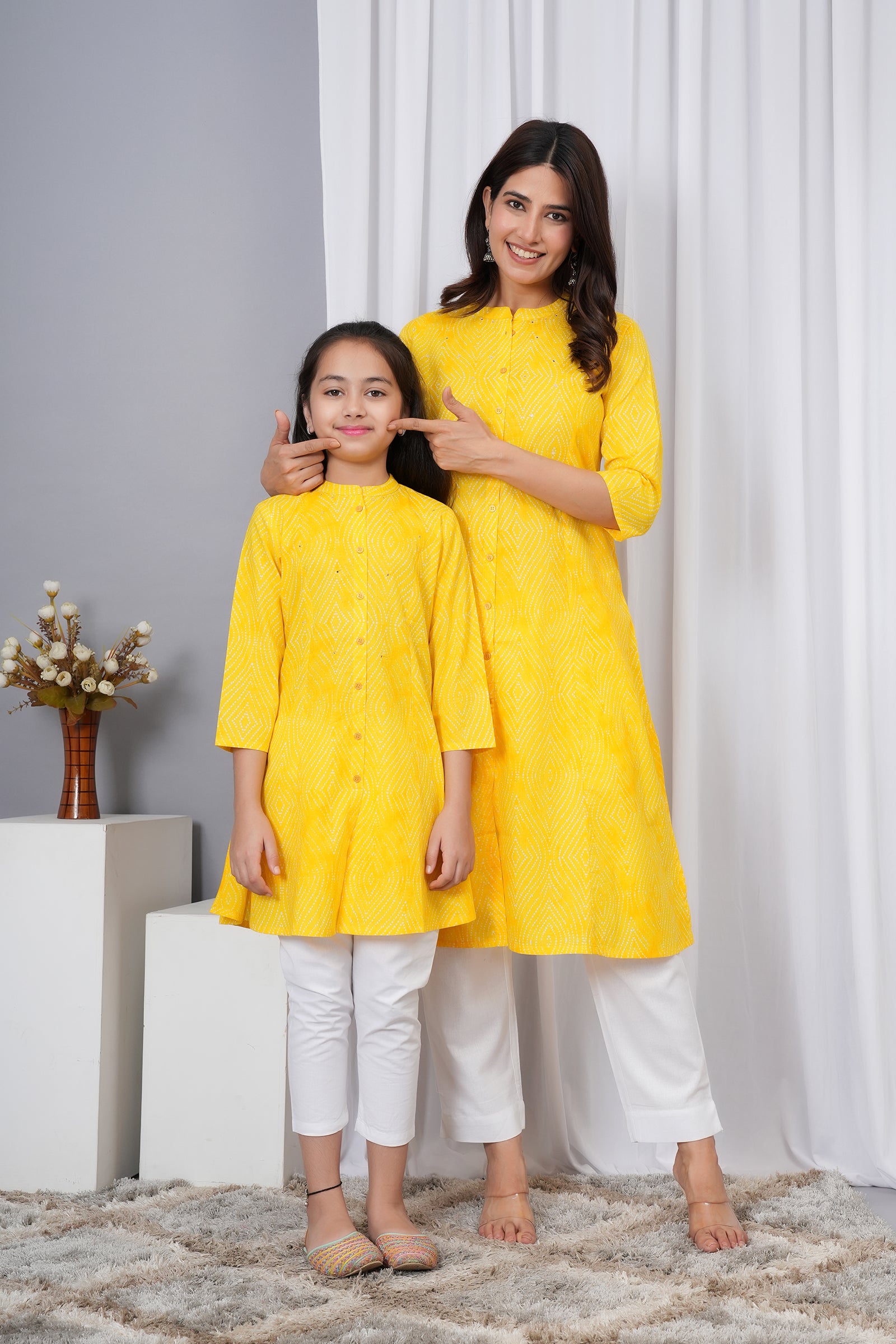 Pattern Printed Traditional Solid Kurti for Maa Beti Duo - Yellow