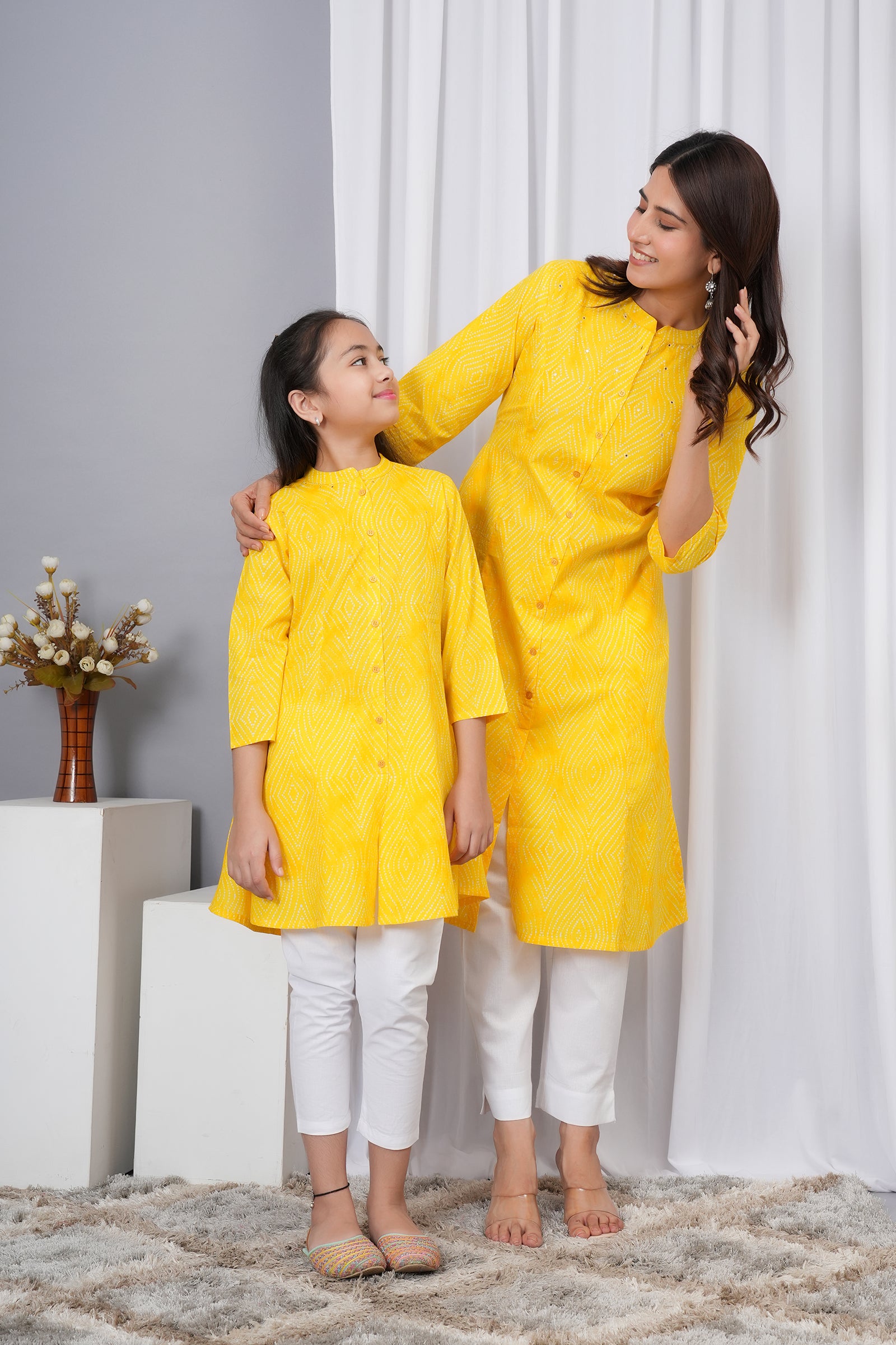 Pattern Printed Traditional Solid Kurti for Maa Beti Duo - Yellow