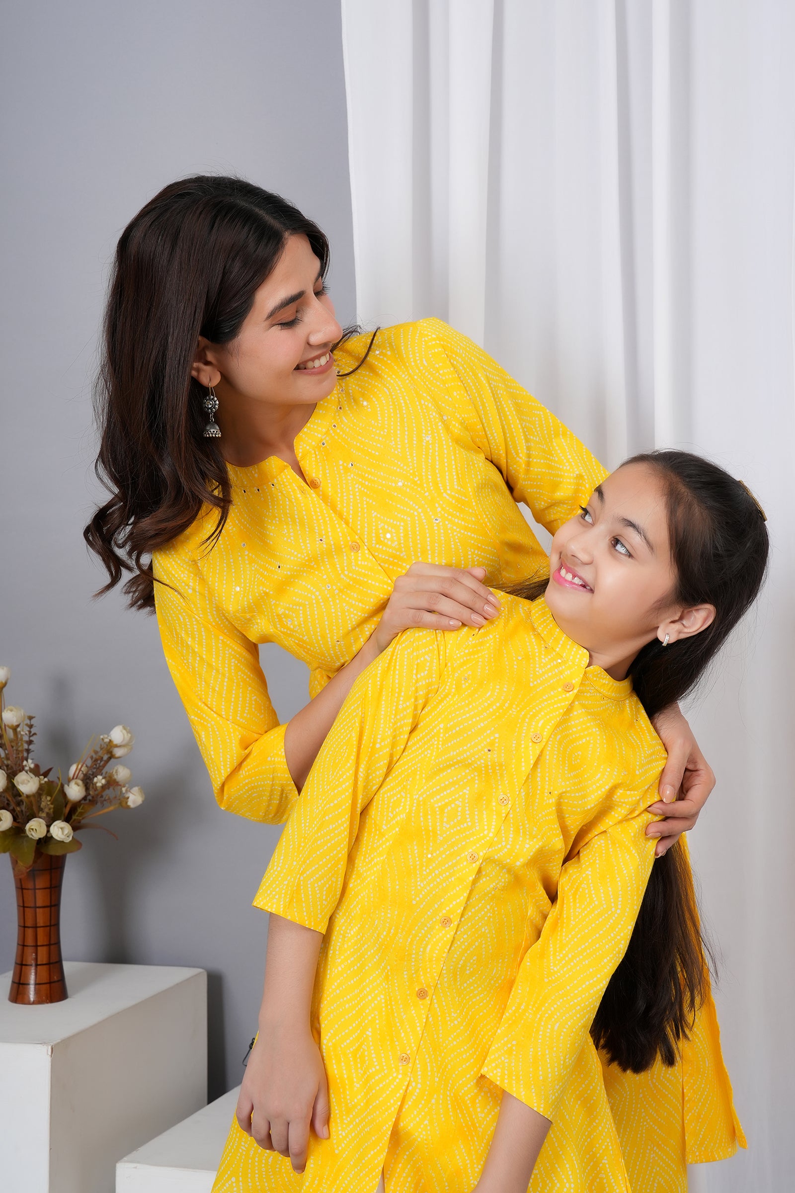 Pattern Printed Traditional Solid Kurti for Maa Beti Duo - Yellow