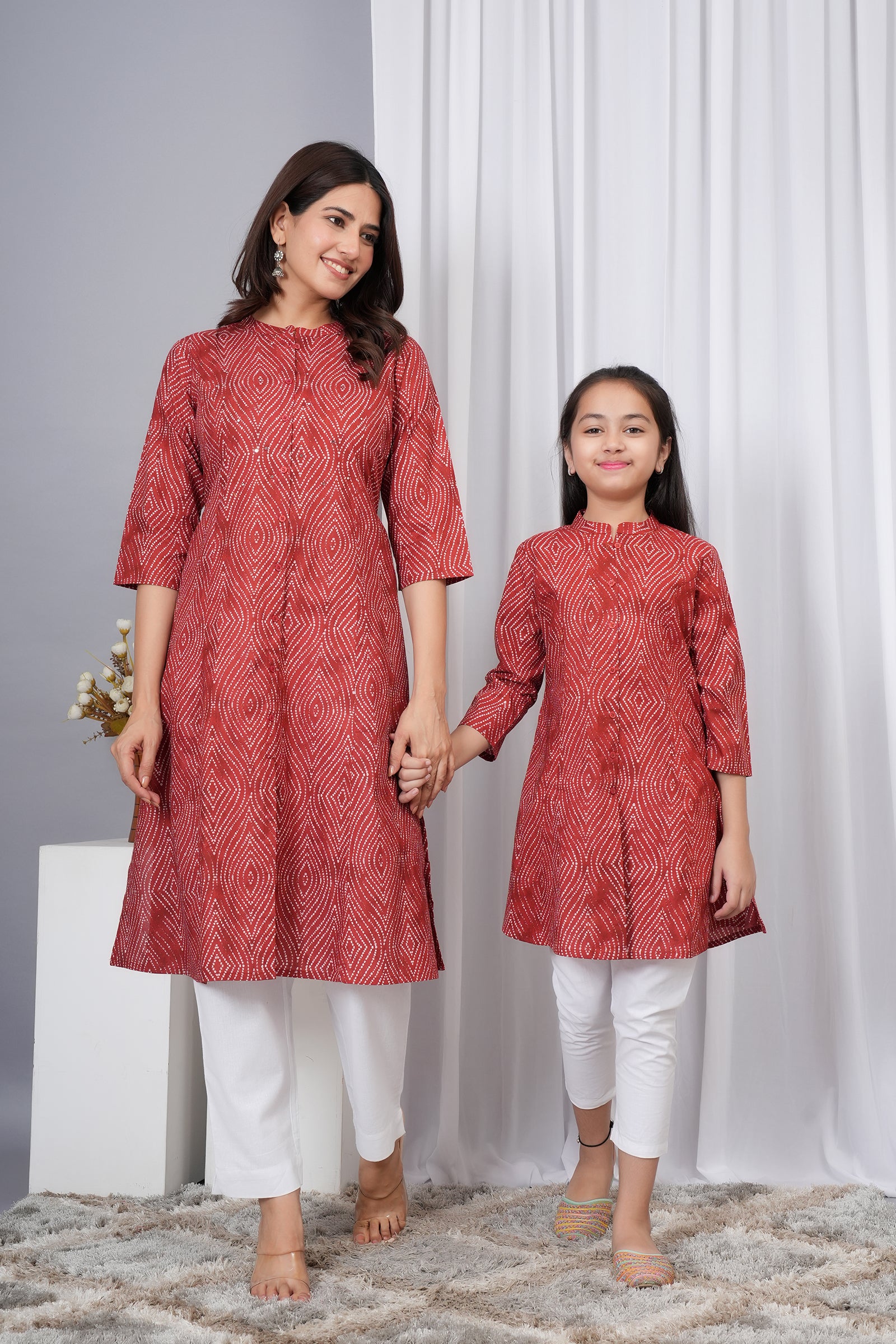 Pattern Printed Traditional Solid Kurti for Maa Beti Duo - Red