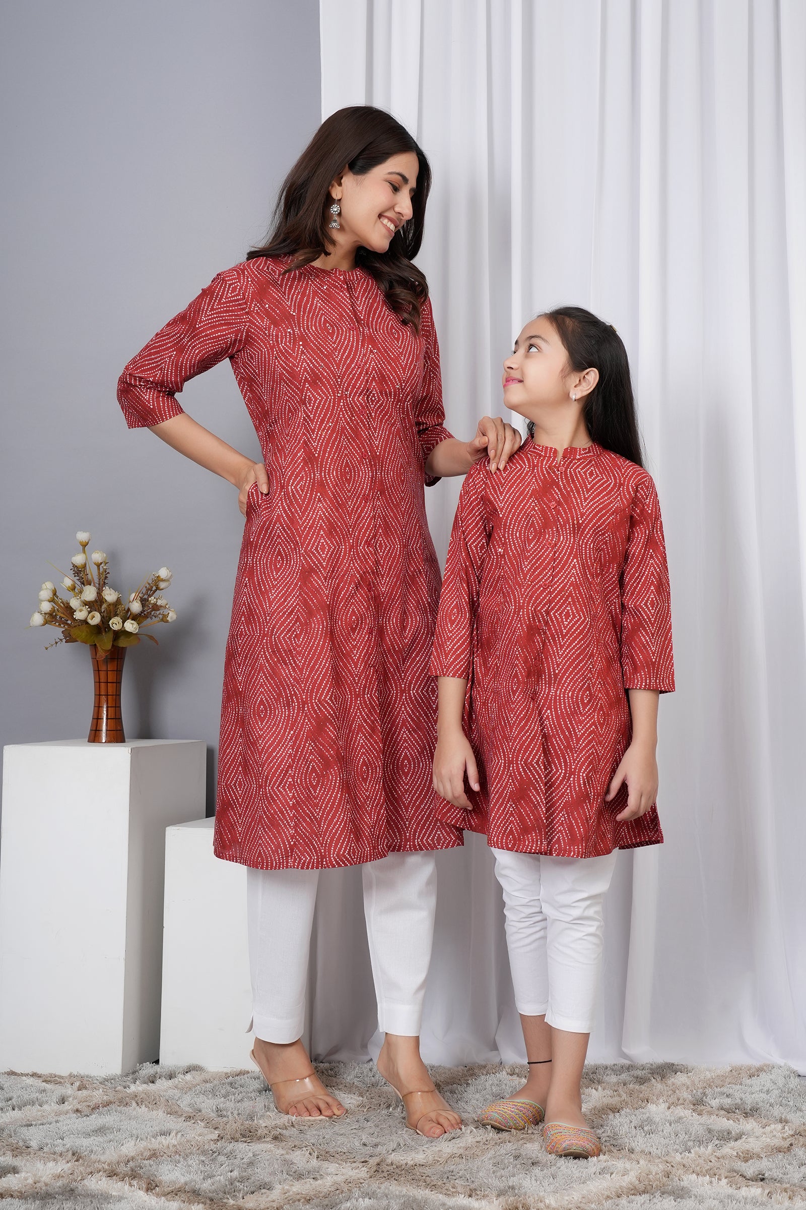 Pattern Printed Traditional Solid Kurti for Maa Beti Duo - Red