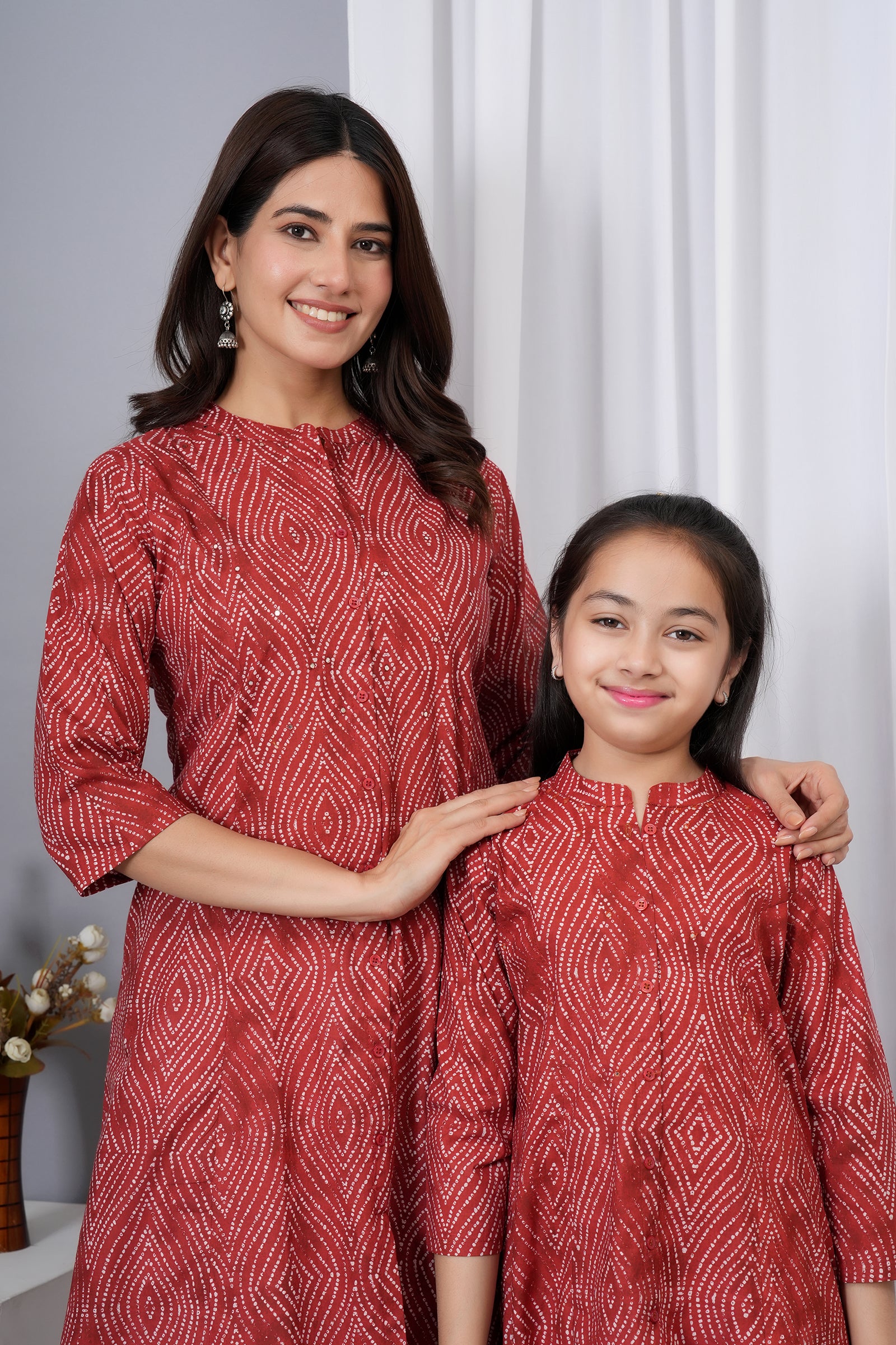 Pattern Printed Traditional Solid Kurti for Maa Beti Duo - Red