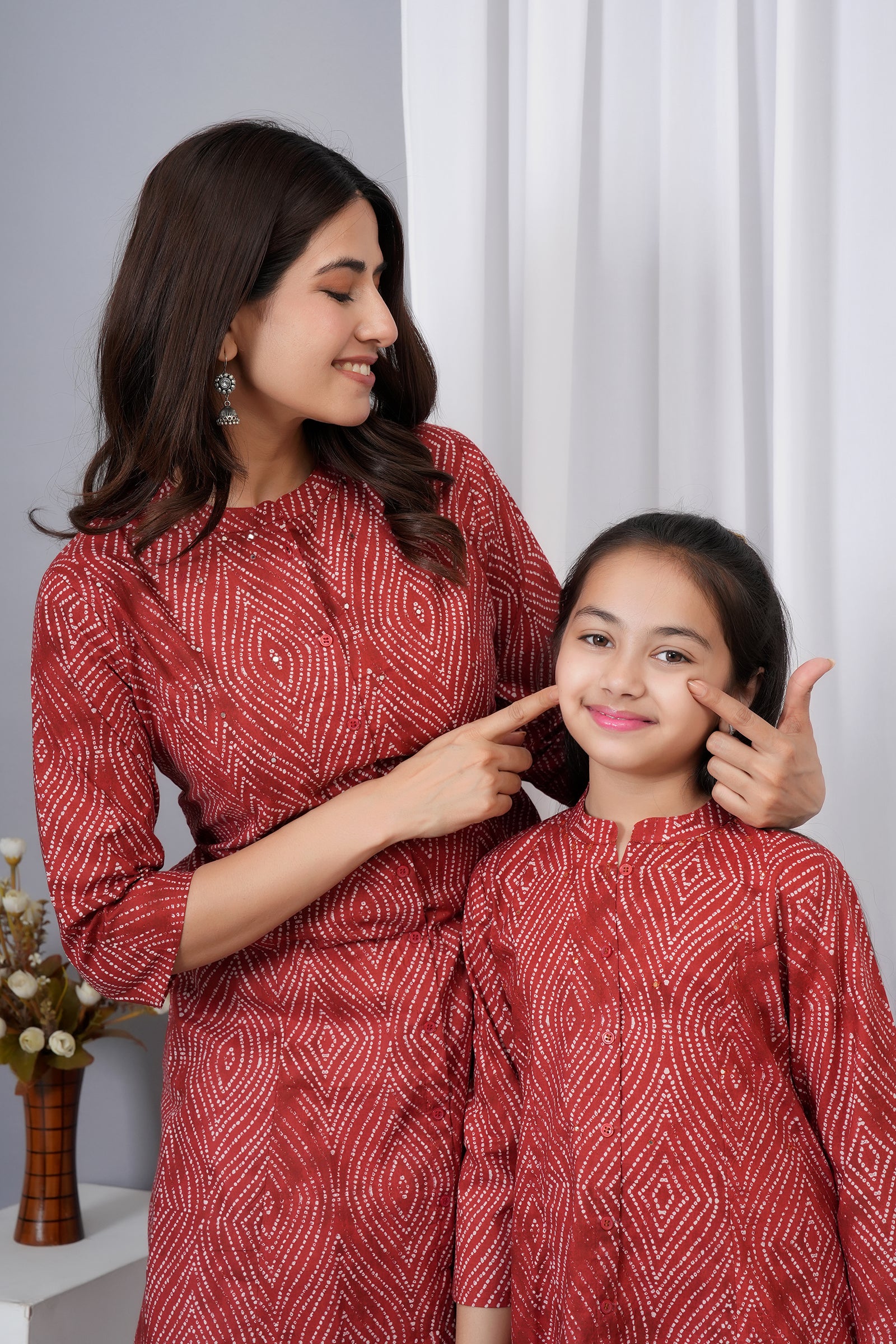 Pattern Printed Traditional Solid Kurti for Maa Beti Duo - Red