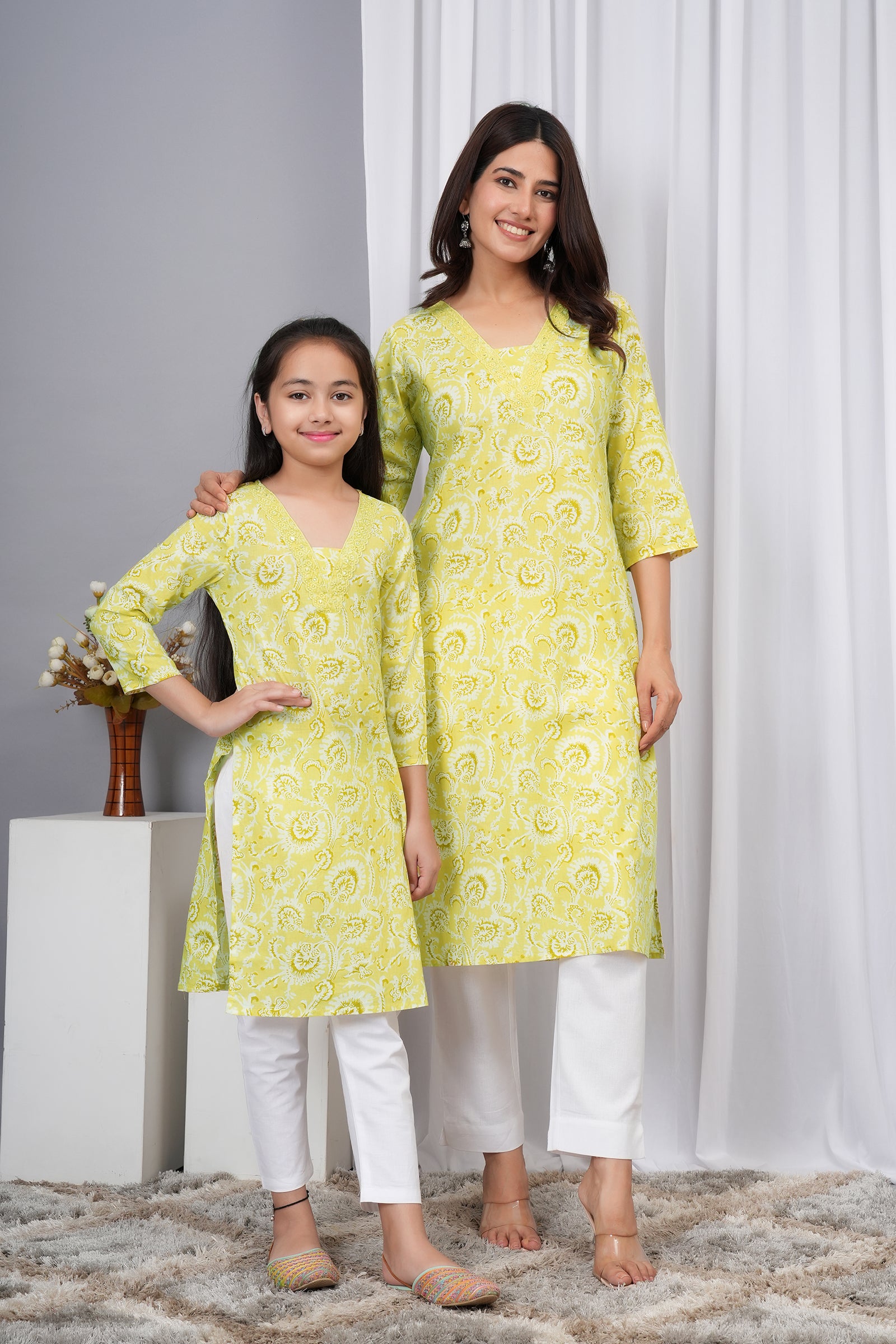 Traditional Floral Printed Embroidered V Neck Ethnic Kurti Maa Beti Duo - Light Yellow
