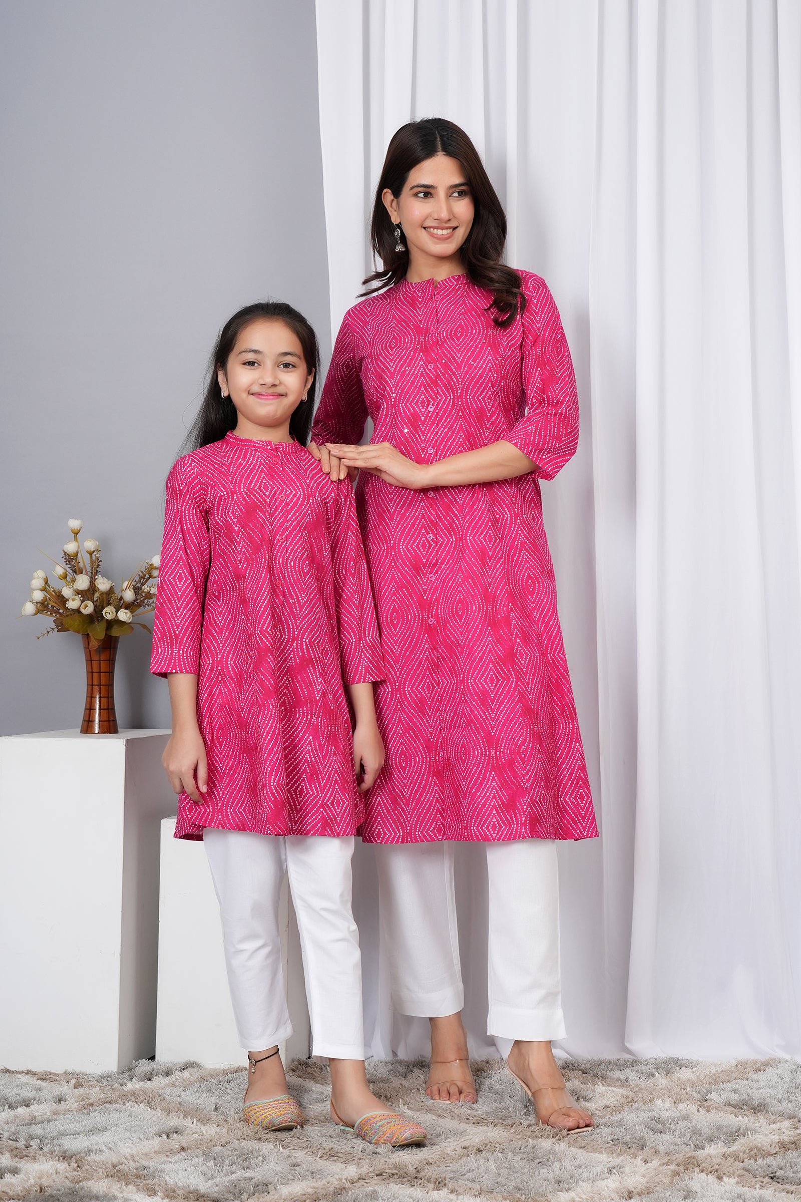 Pattern Printed Traditional Solid Kurti for Maa Beti Duo - Pink