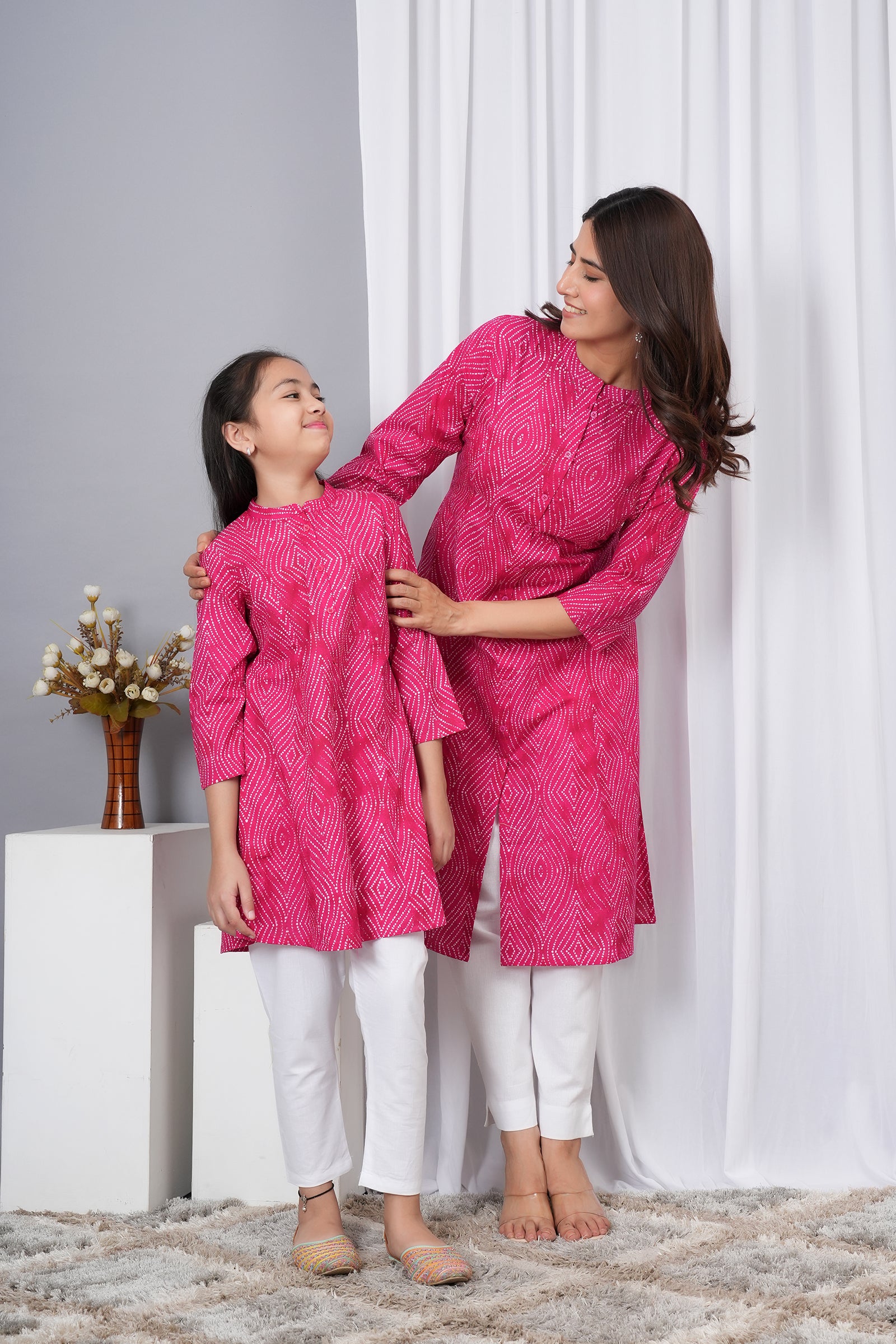 Pattern Printed Traditional Solid Kurti for Maa Beti Duo - Pink