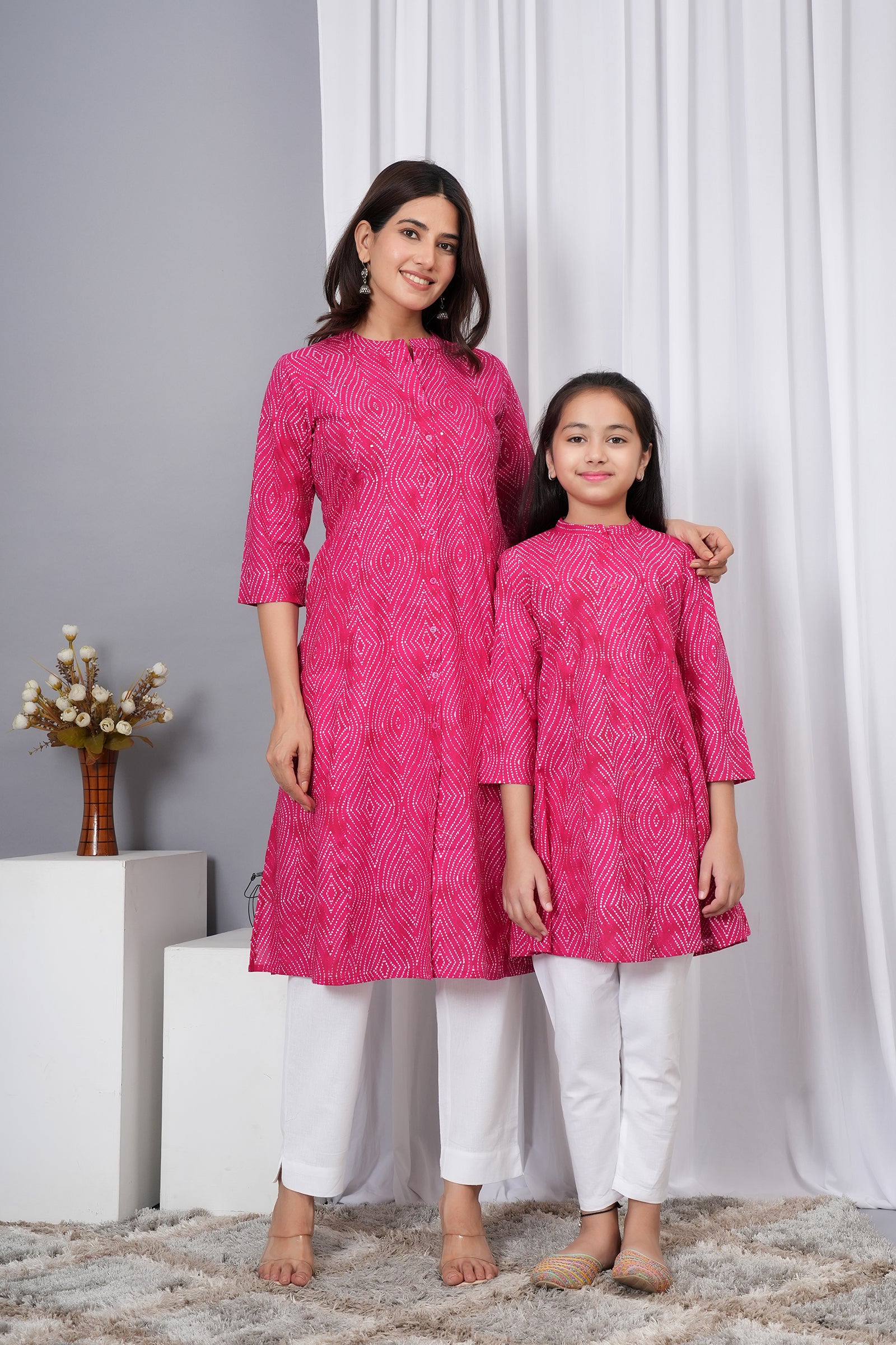 Pattern Printed Traditional Solid Kurti for Maa Beti Duo - Pink