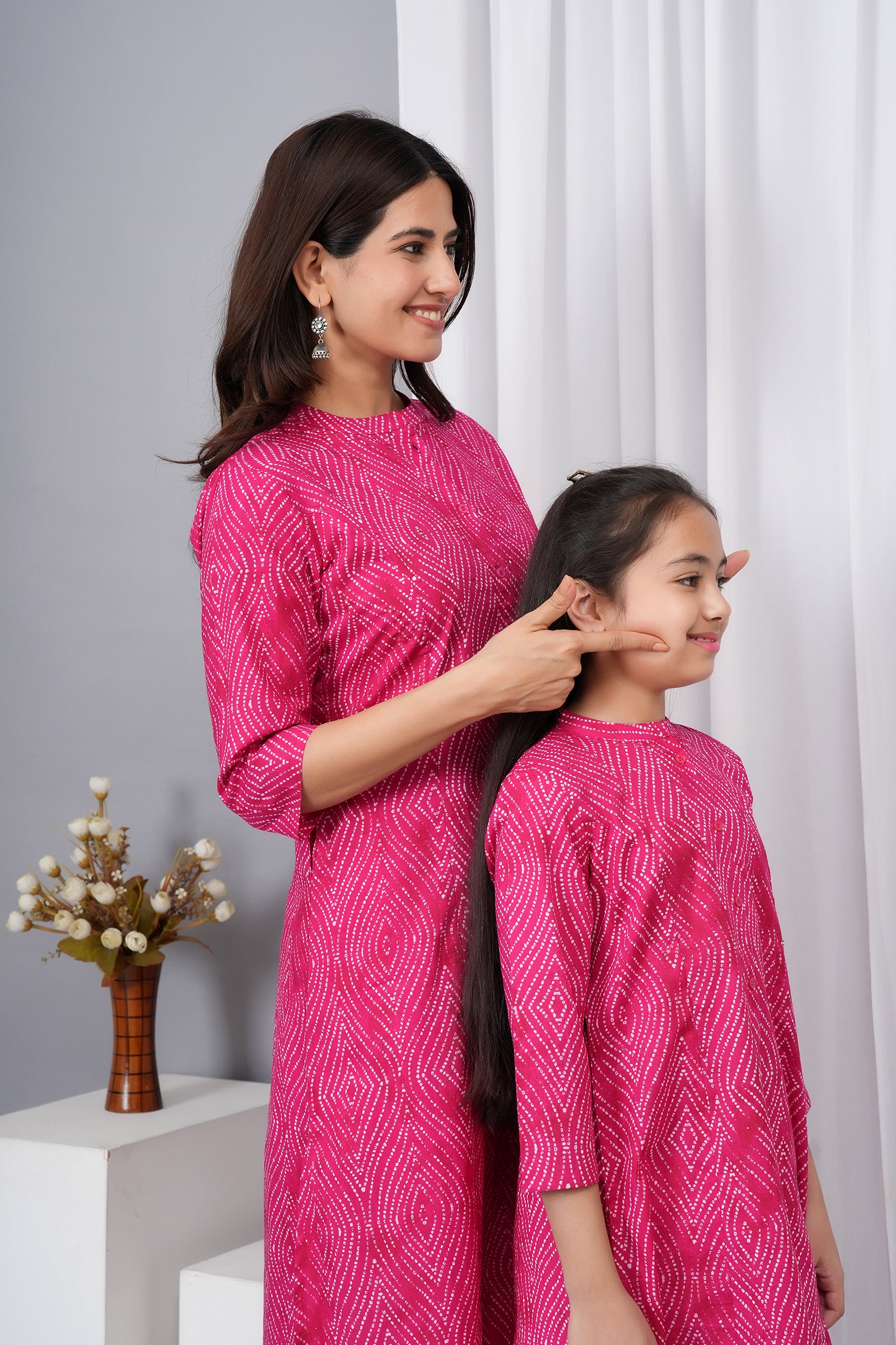 Pattern Printed Traditional Solid Kurti for Maa Beti Duo - Pink
