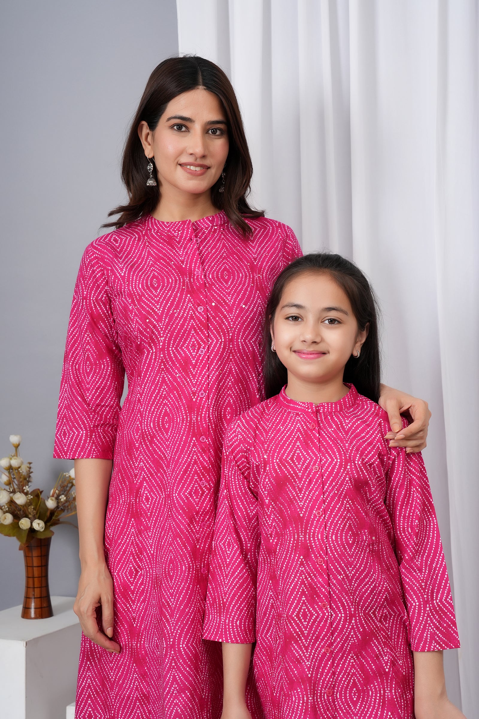 Pattern Printed Traditional Solid Kurti for Maa Beti Duo - Pink