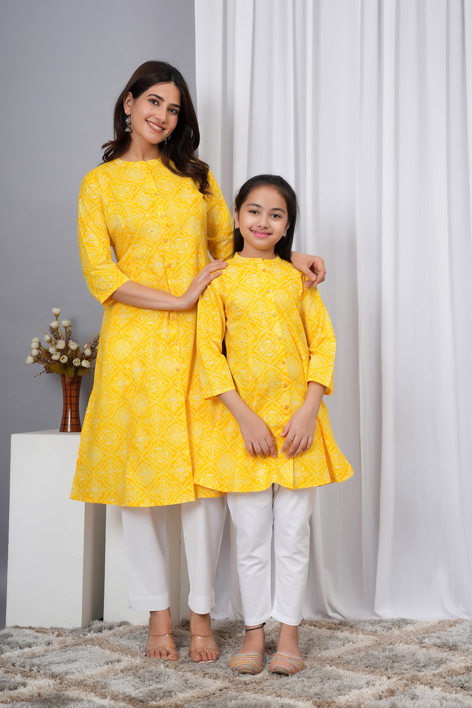 Motif Pattern Printed Traditional Solid Kurti for Maa Beti Duo - Yellow