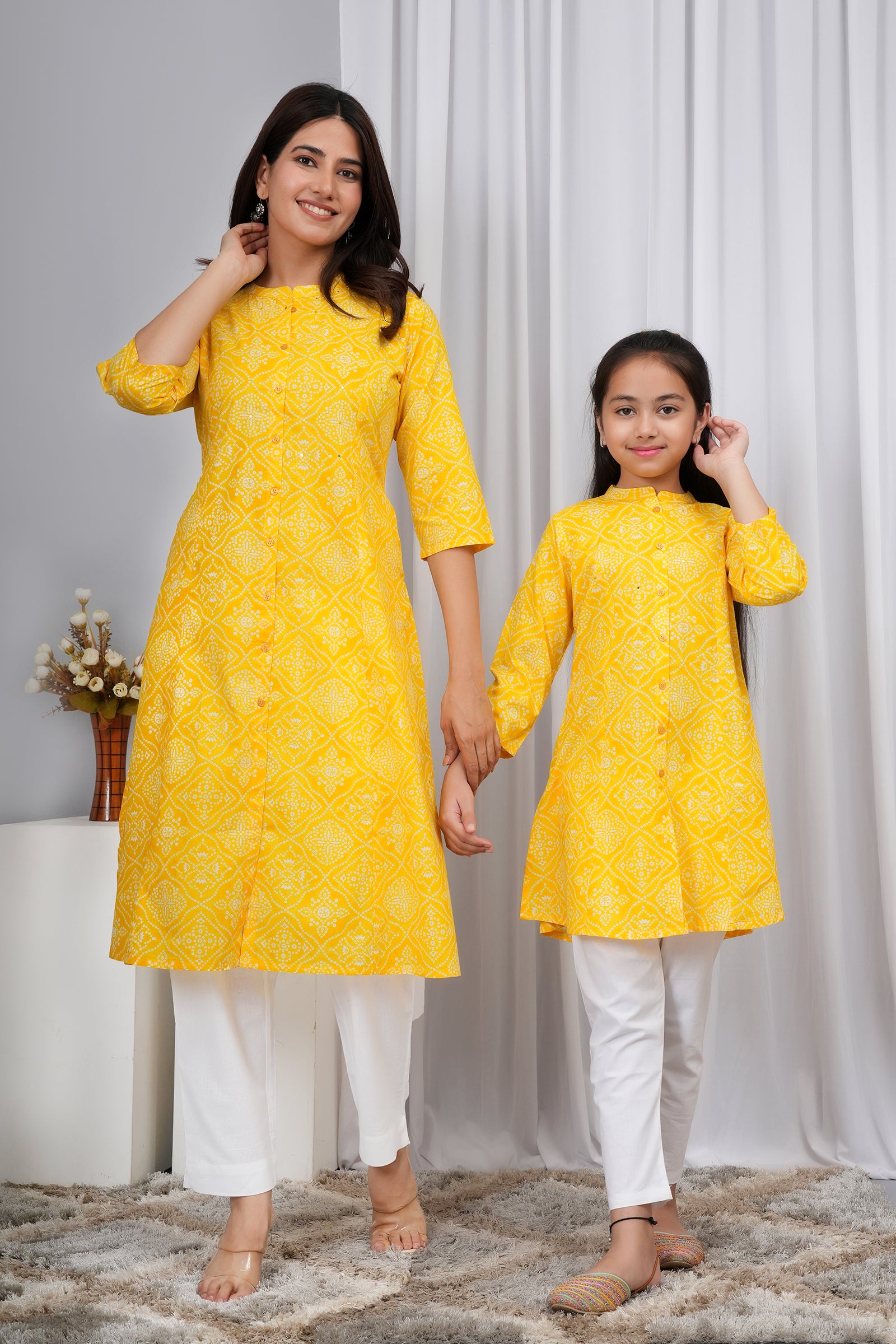 Motif Pattern Printed Traditional Solid Kurti for Maa Beti Duo - Yellow
