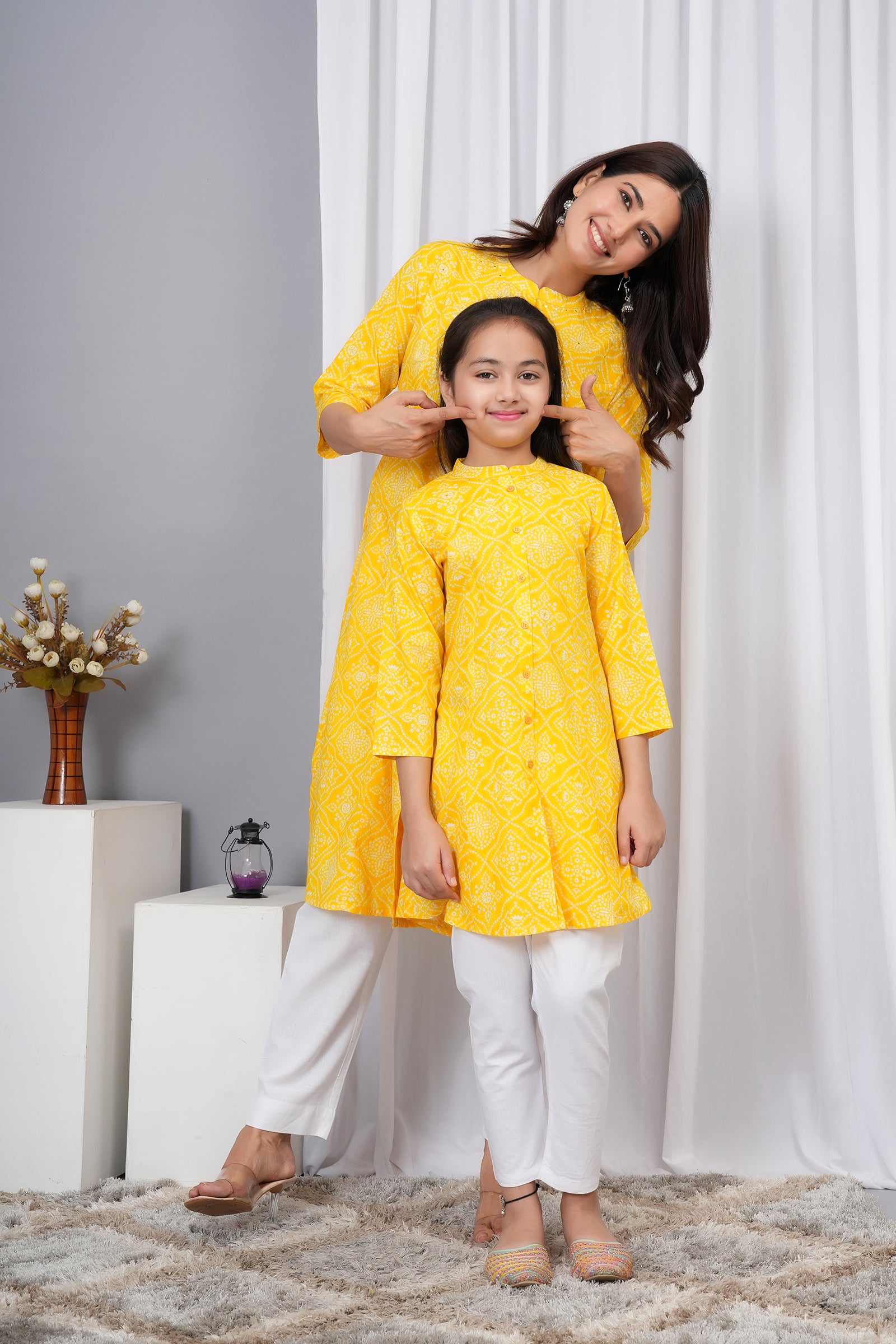Motif Pattern Printed Traditional Solid Kurti for Maa Beti Duo - Yellow