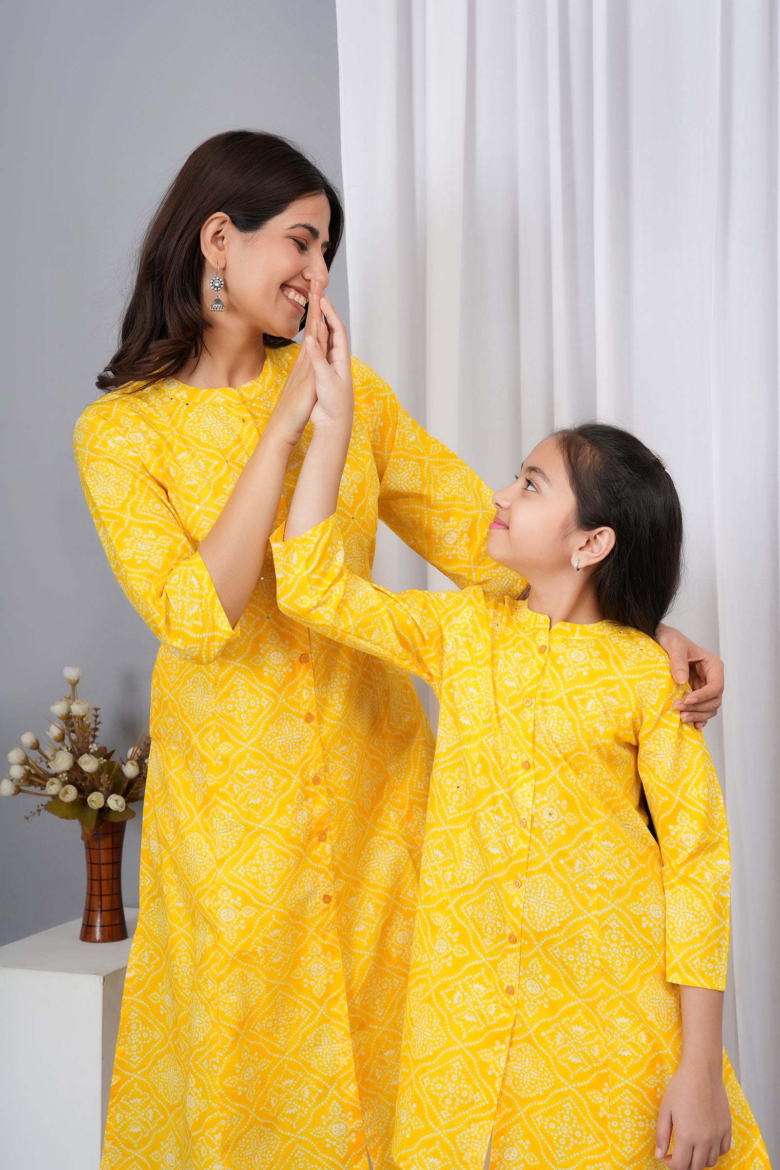 Motif Pattern Printed Traditional Solid Kurti for Maa Beti Duo - Yellow