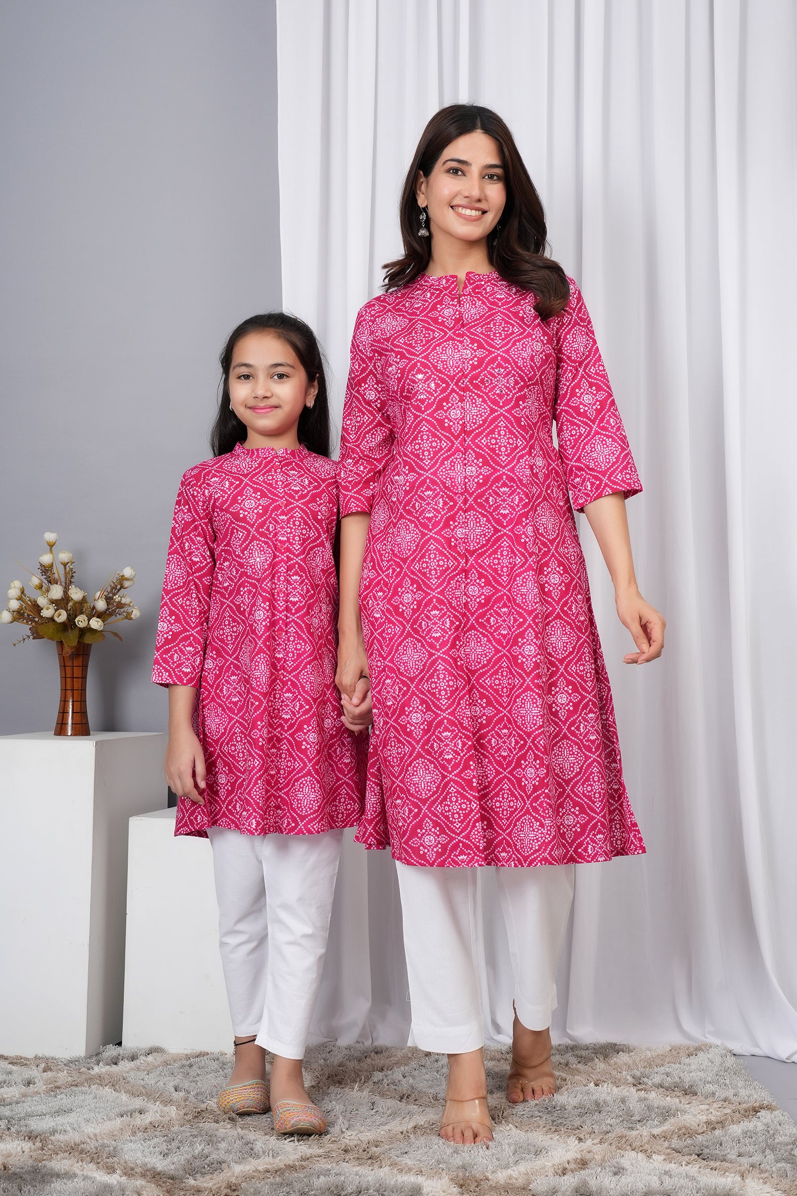 Motif Pattern Printed Traditional Solid Kurti for Maa Beti Duo - Pink