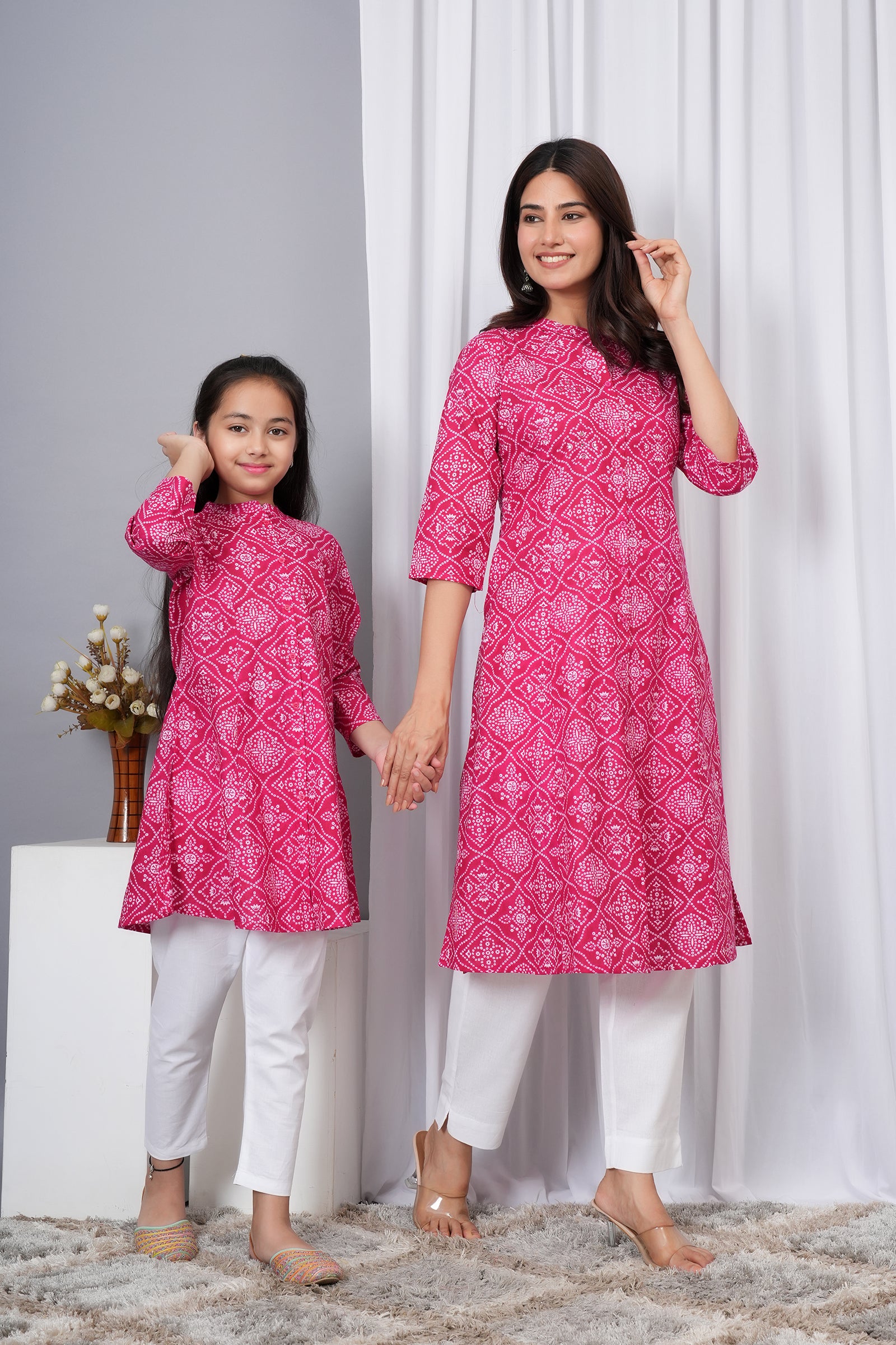 Motif Pattern Printed Traditional Solid Kurti for Maa Beti Duo - Pink