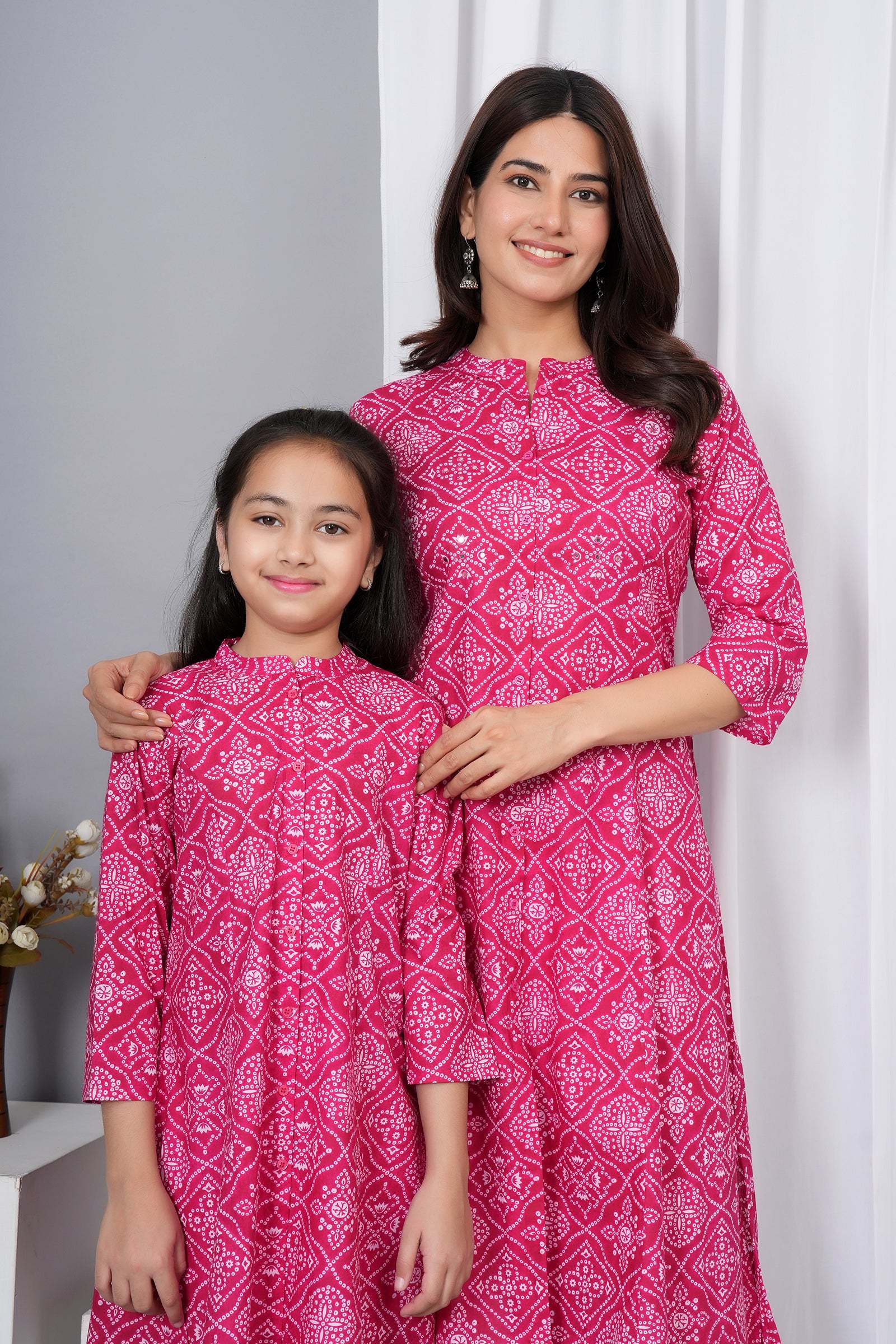 Motif Pattern Printed Traditional Solid Kurti for Maa Beti Duo - Pink