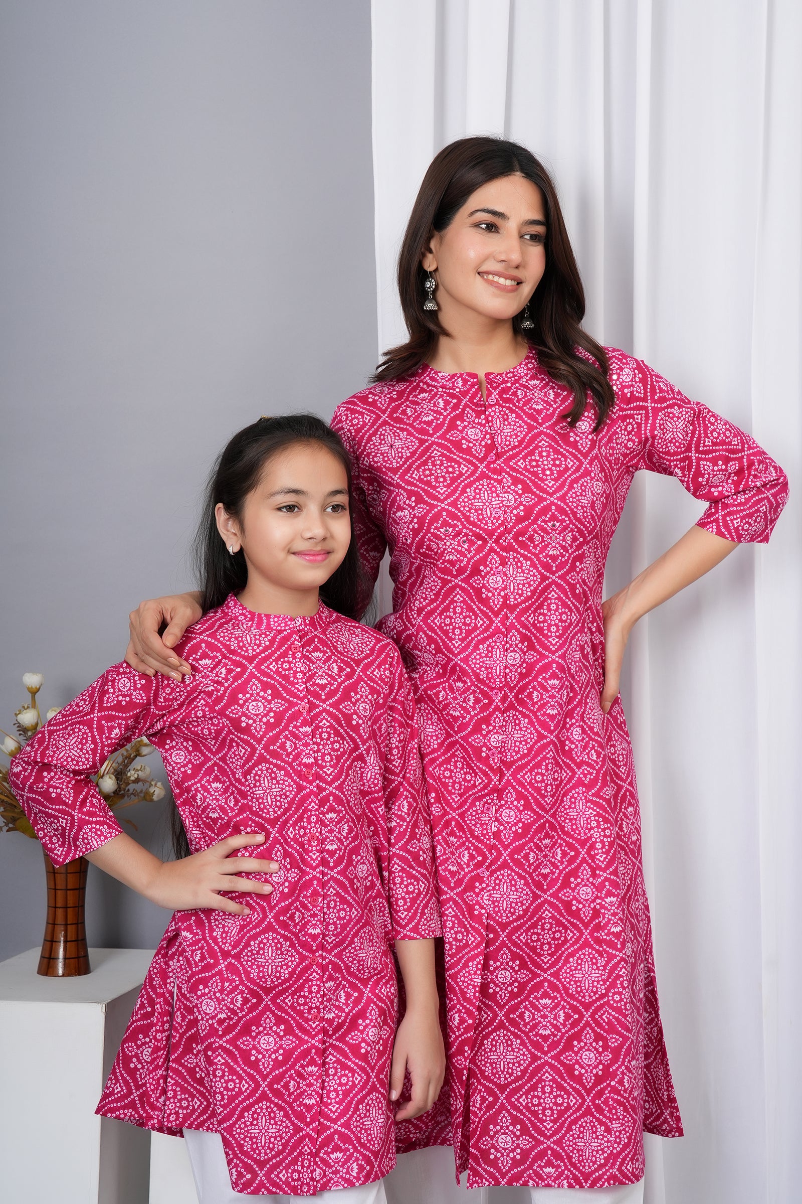 Motif Pattern Printed Traditional Solid Kurti for Maa Beti Duo - Pink