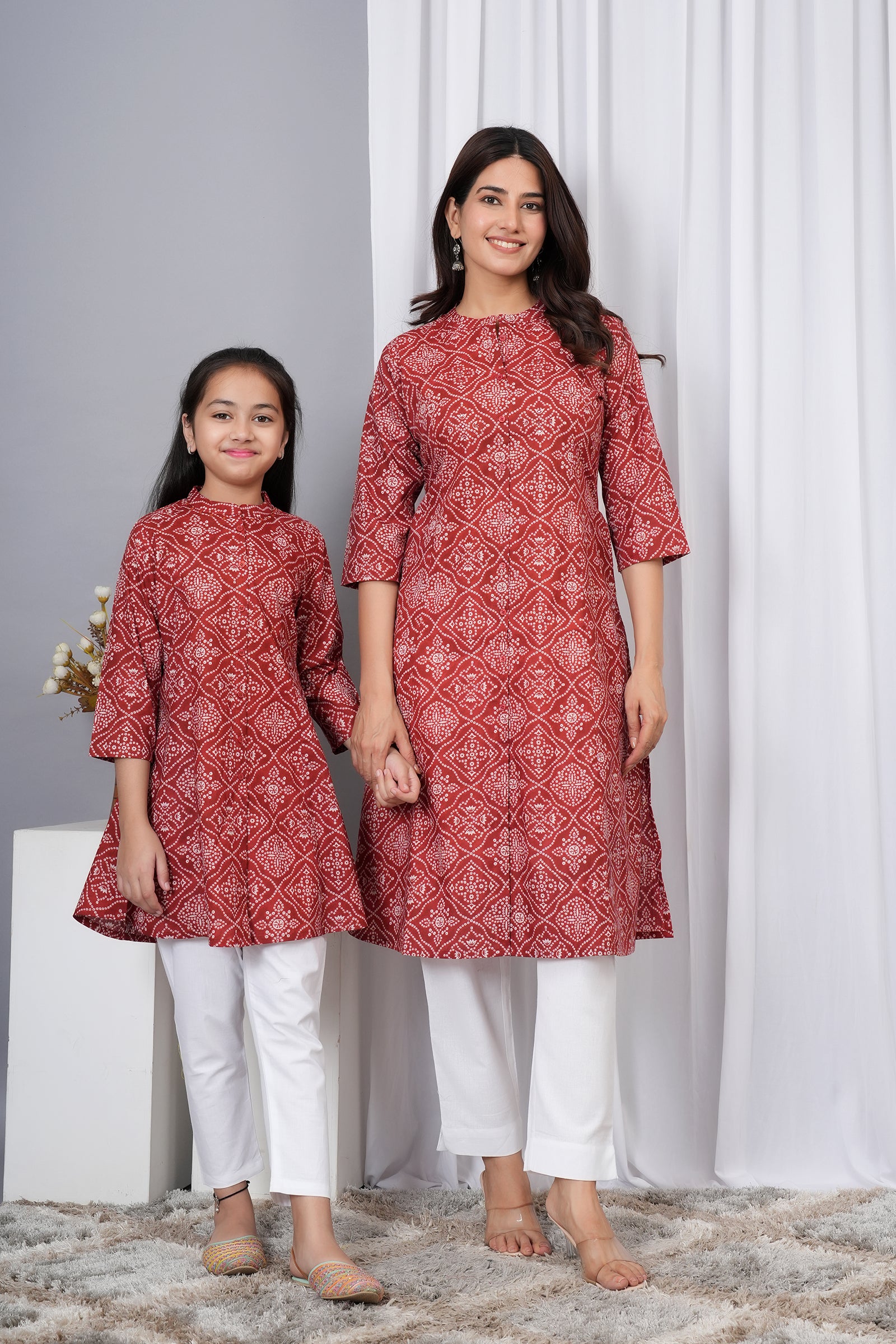 Motif Pattern Printed Traditional Solid Kurti for Maa Beti Duo - Red