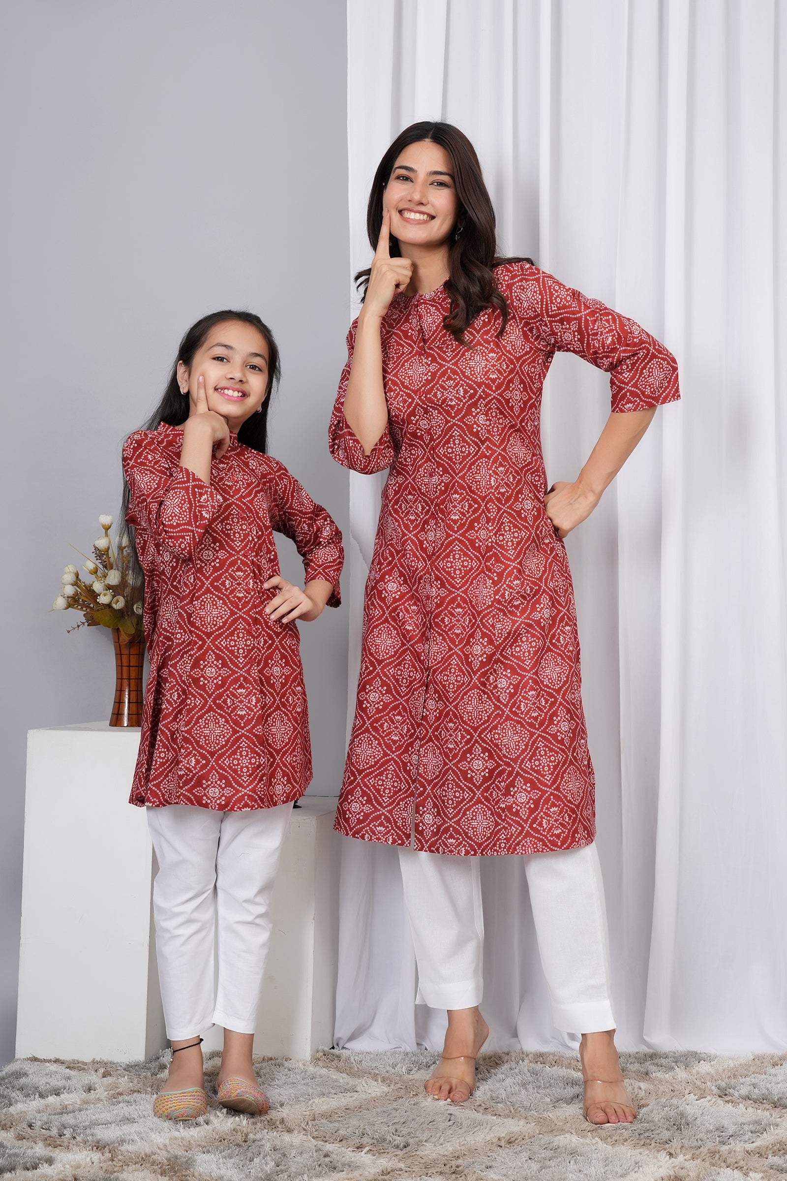 Motif Pattern Printed Traditional Solid Kurti for Maa Beti Duo - Red
