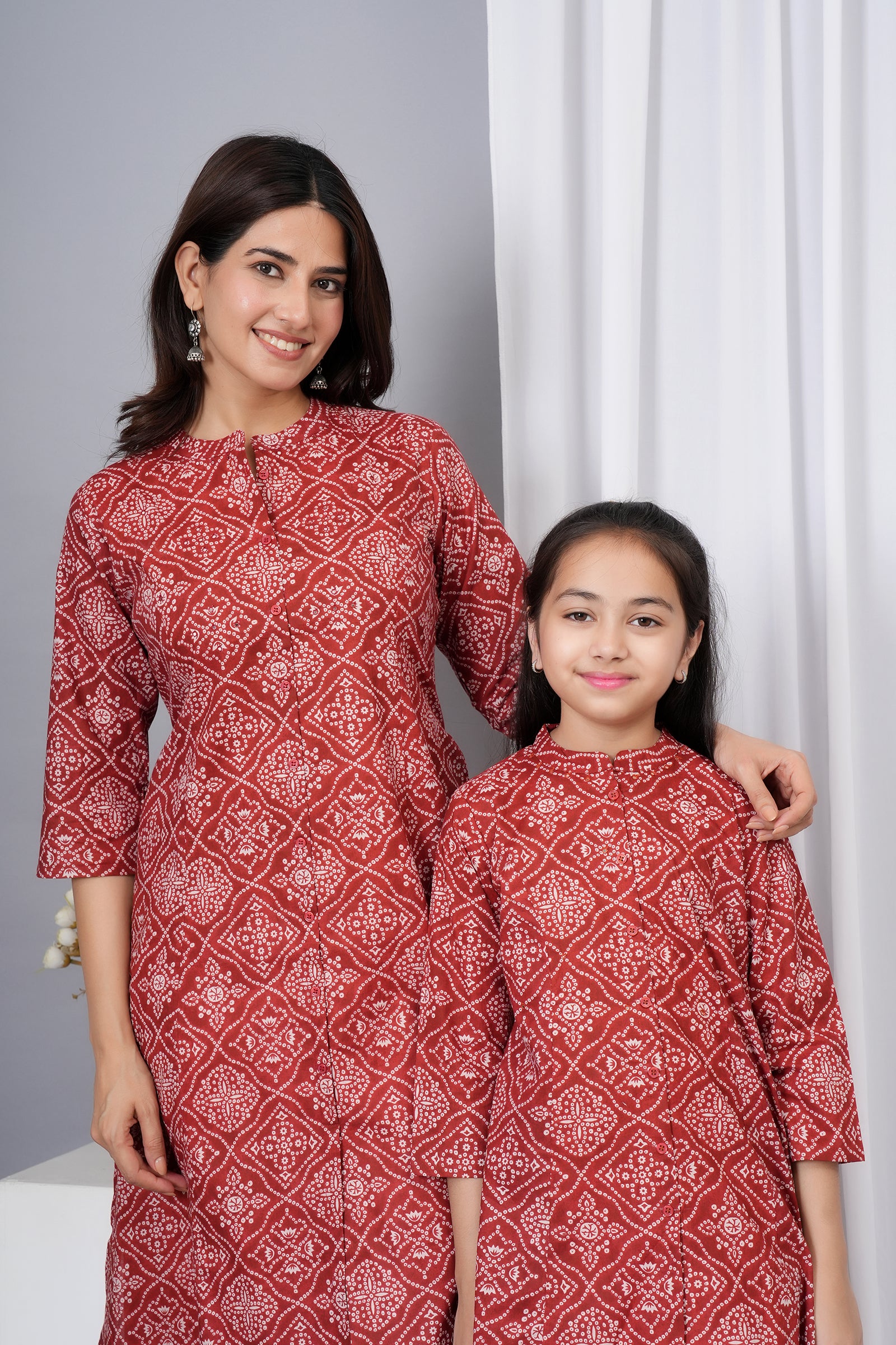 Motif Pattern Printed Traditional Solid Kurti for Maa Beti Duo - Red