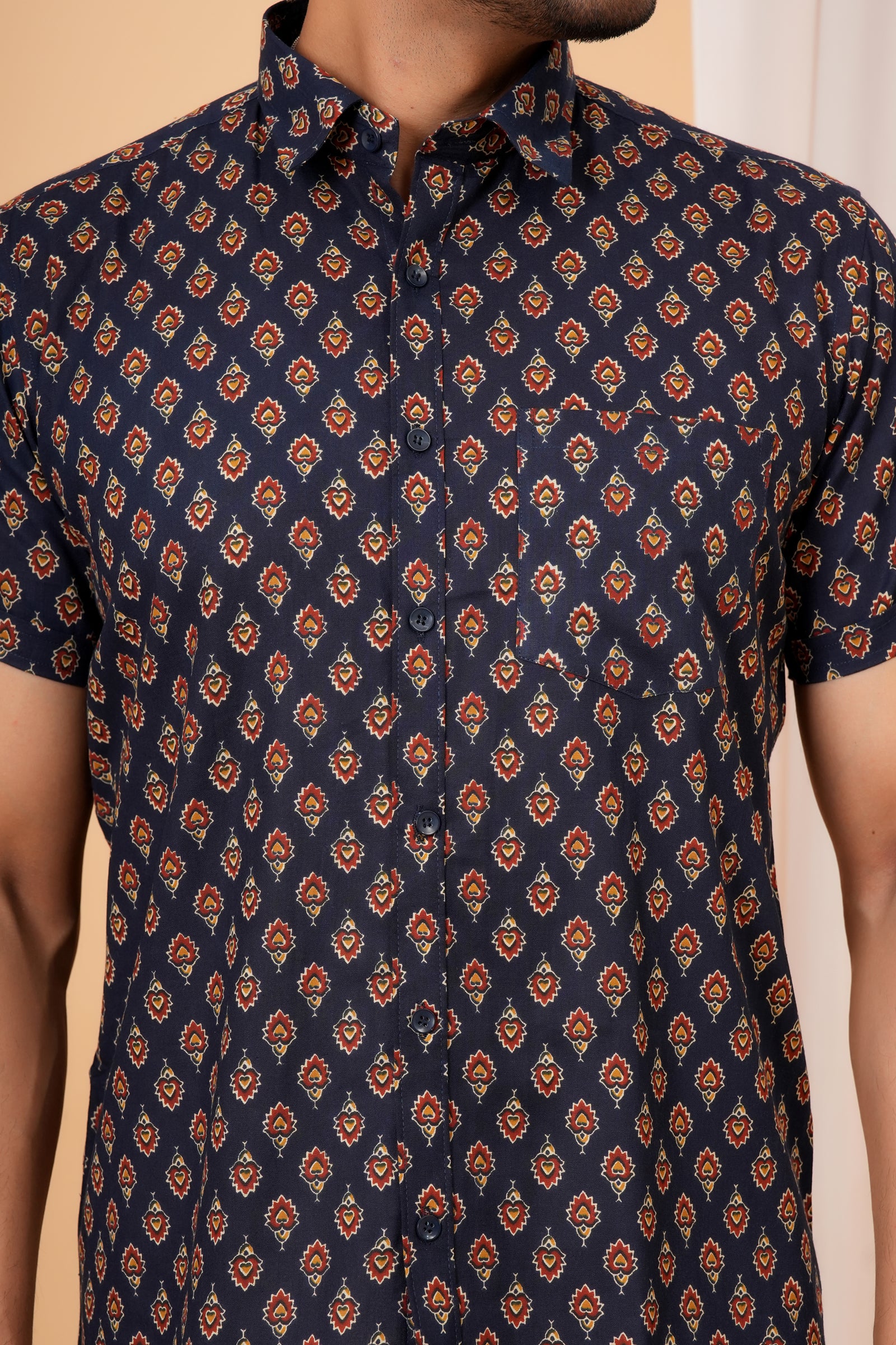 Navy Blue Ajrakh Inspired Printed Cotton Baap Beta Shirt