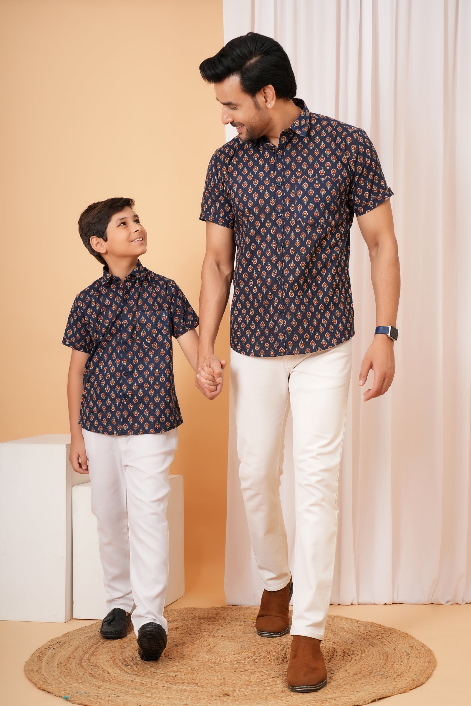Navy Blue Ajrakh Inspired Printed Cotton Baap Beta Shirt